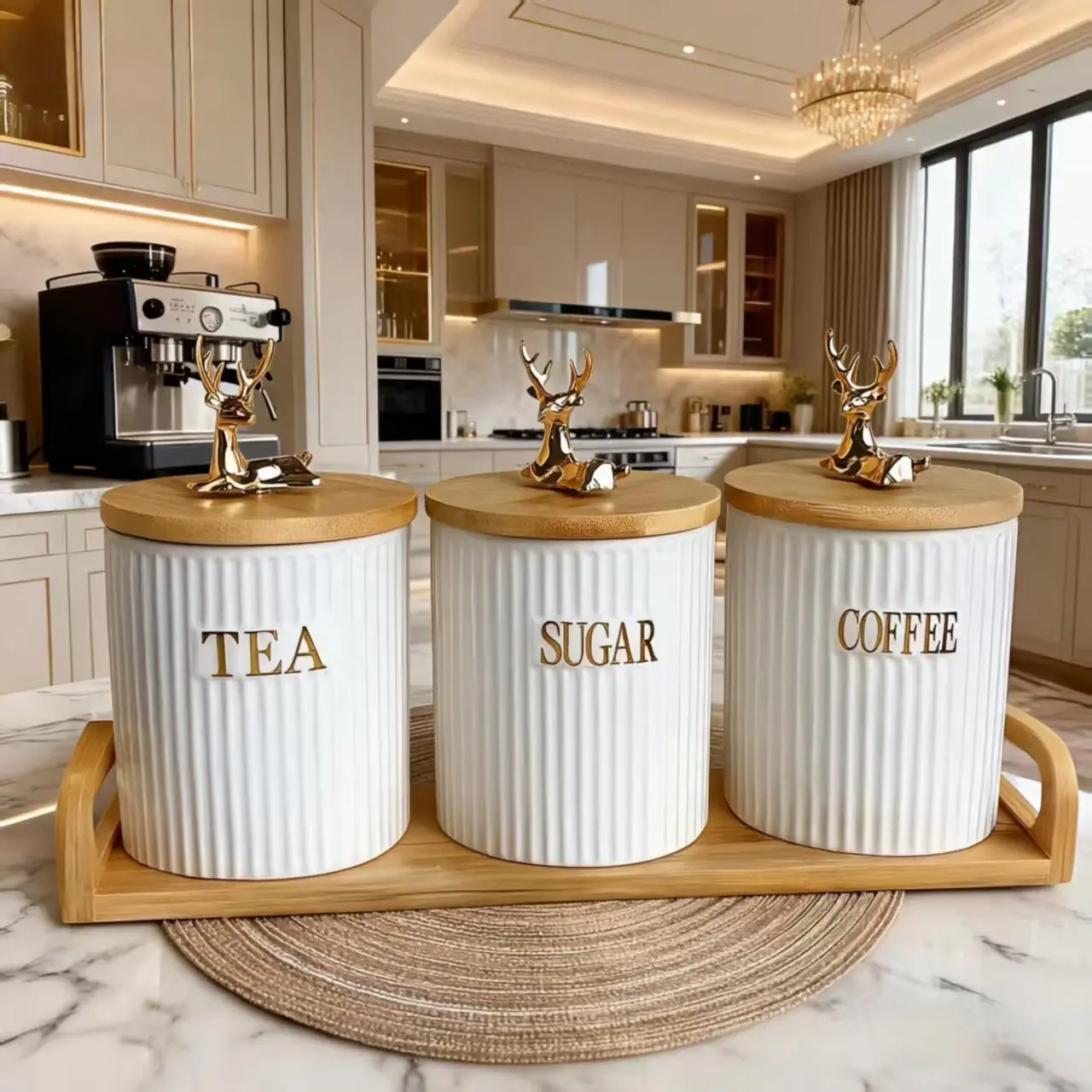 3-Piece Luxury Ceramic Sealed Jars with Wooden Base, Moisture-Proof Tea Coffee Storage, Jewelry Makeup Organizer, Party Decor