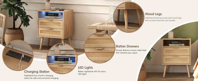 Vabches Rattan Nightstand Set of 2 with Charging Station USB Ports LED Lights 2 Storage Drawers Wood Bedside Table Wooden Tabletop for Bohemian Home
