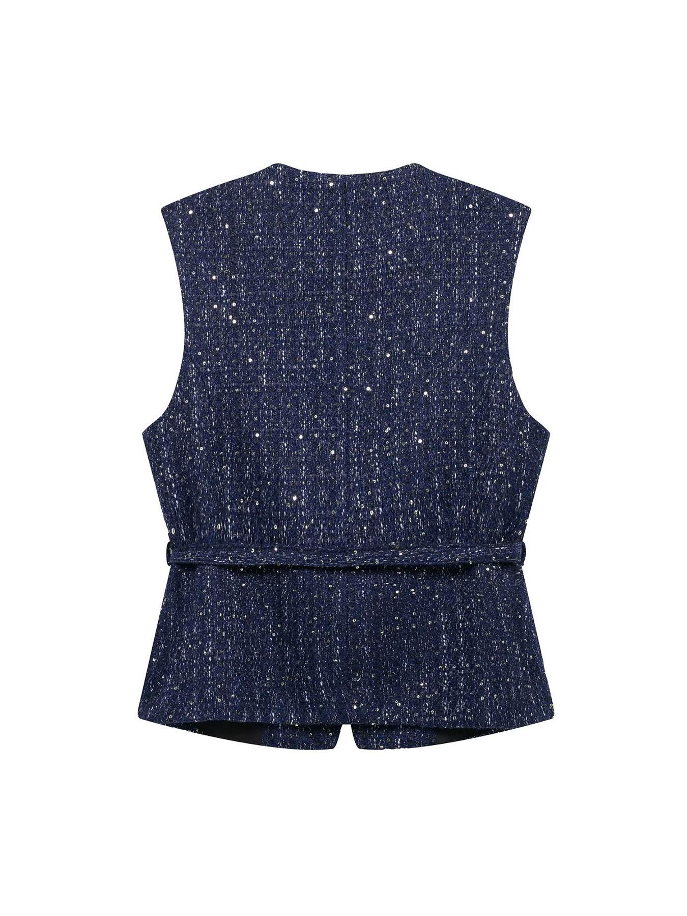 Women's Elegant Belted Sequined Vest, Round Neck Sleeveless Single Button Fitted Jumper, Vintage Fashion Commuter Style, Casual Daily Wear