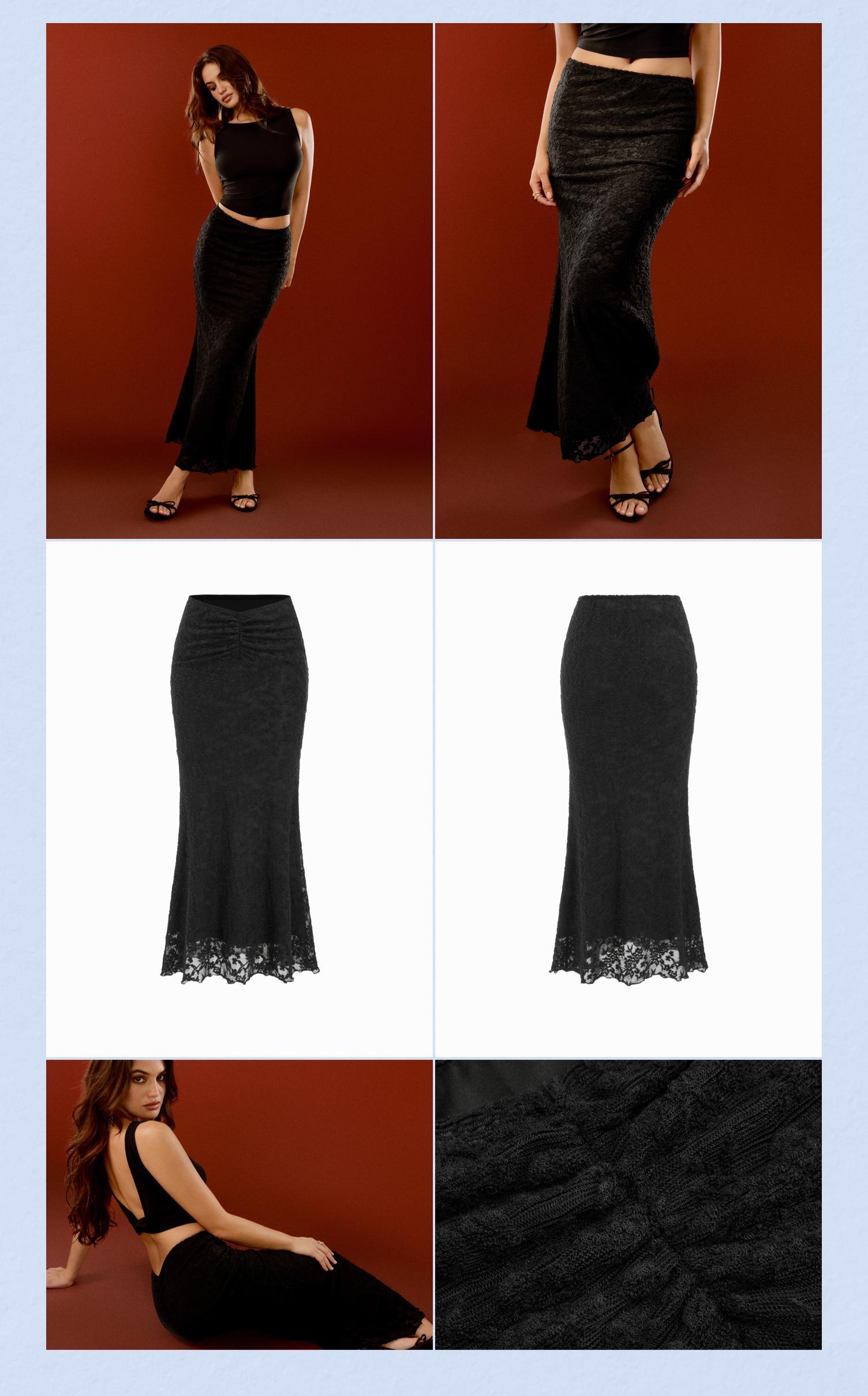 Cider Texture Lace Ruched Mermaid Maxi Skirt