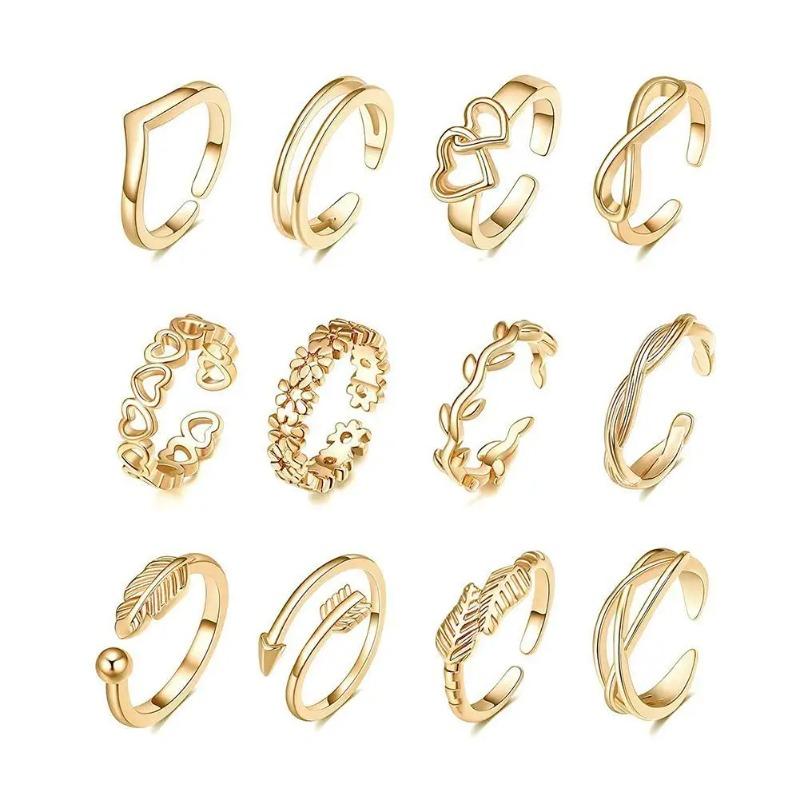 12pcs Foot Open Adjustable Toe Rings Pattern Alloy Adjustable Rings Set For Women Beach Foot Jewelry 12 Piece Set