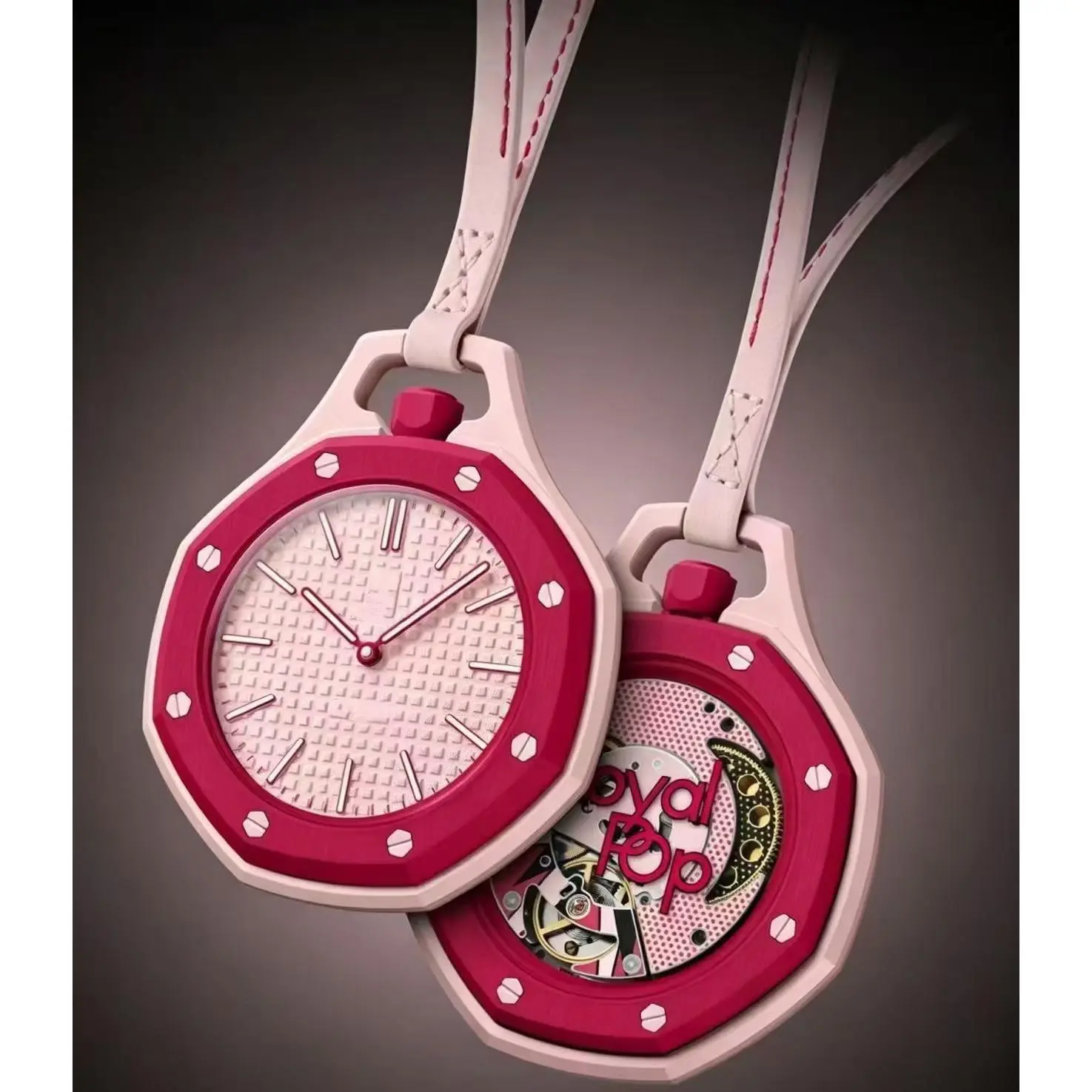 Two-Tone Bioceramic Royal Octagon Hollow Skeleton Back Pendant Watch, Quartz Pocket Watch Dual Purpose Fashion Necklace Bag Charm Accessory For Ladies