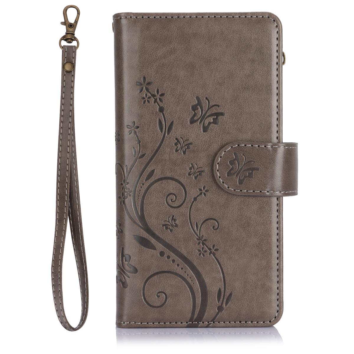 For Samsung Galaxy S25 Ultra S24 Plus S23 FE S22 S21 Lanyard Cute Floral Embossed Butterfly Wallet Phone Case with 6 Card Slots Zipper Pocket Wrist Strap Women Soft PU Leather Protective Flip Fold Stand Cover Magnetic Closure For Mom