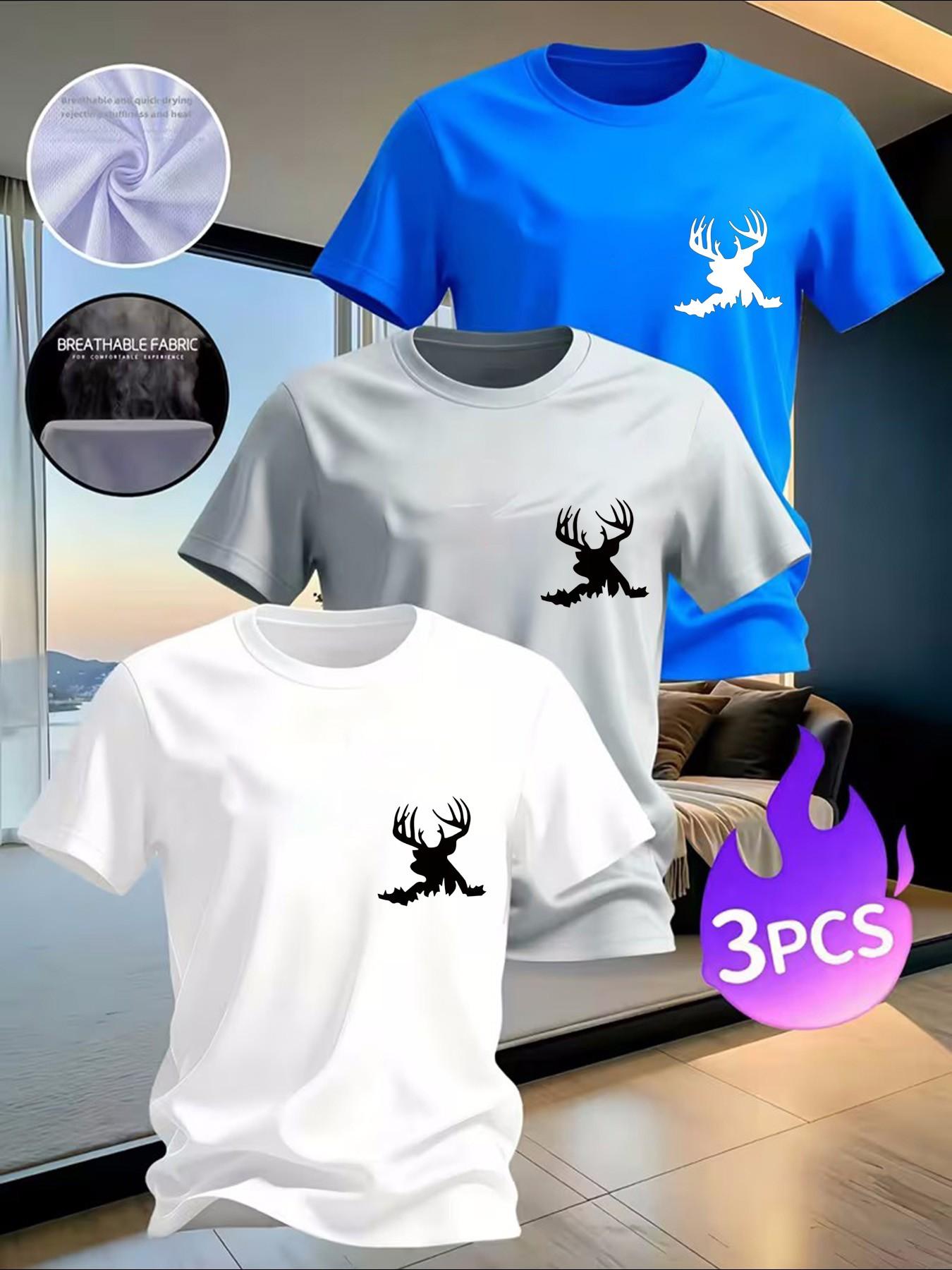 3-Pack Men's Wildlife T-Shirts, Deer Antler Graphic Tees, Breathable Casual Tops for Hunting Enthusiasts，Available in multiple colors