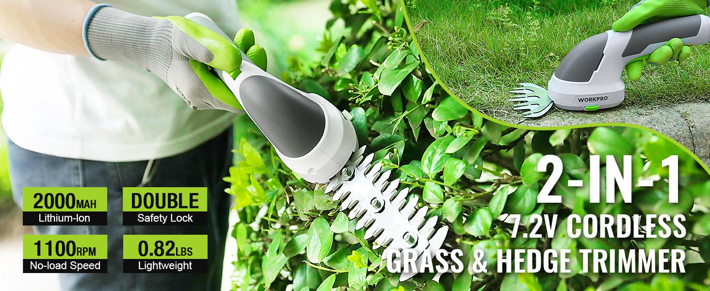 #JumpstartSale WORKPRO Cordless Grass Shear & Shrubbery Trimmer - 2 in 1 Handheld 7.2V Electric Grass Trimmer Hedge Shears/Grass Cutter Rechargeable Lithium-Ion Battery and Type-C Cable Included