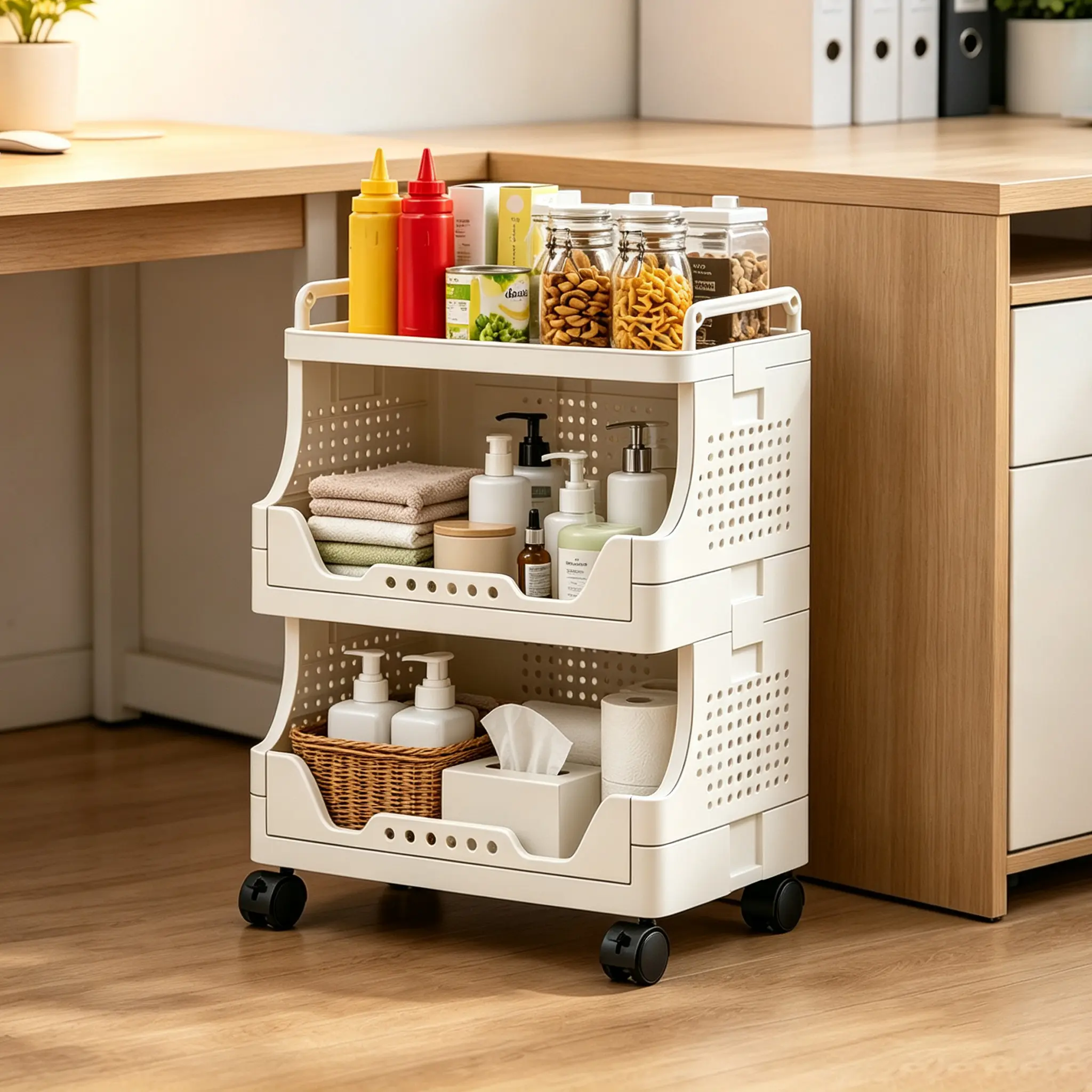 Multi-Tiered ABS Plastic Rolling Cart Foldable Organizer Trolley Stackable Open Storage Bins Lockable Wheels Hollow Rack Mobile Utility Shelf Kitchen Pantry Bathroom Bedroom Space Saving Organization