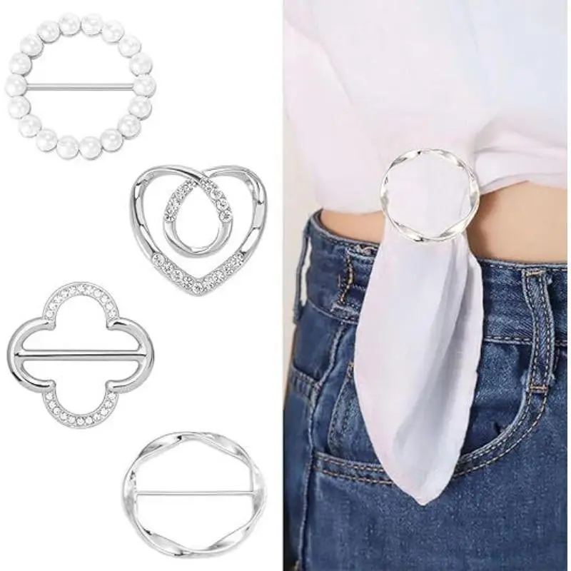 4PC Multi-Style Rhinestone Clothes Hem Clips Sparkly Floral Heart Round Shape Garment Knot Buckles Elegant Clothing Styling Accessories for Women Girls Summer Daily Outfit Decor