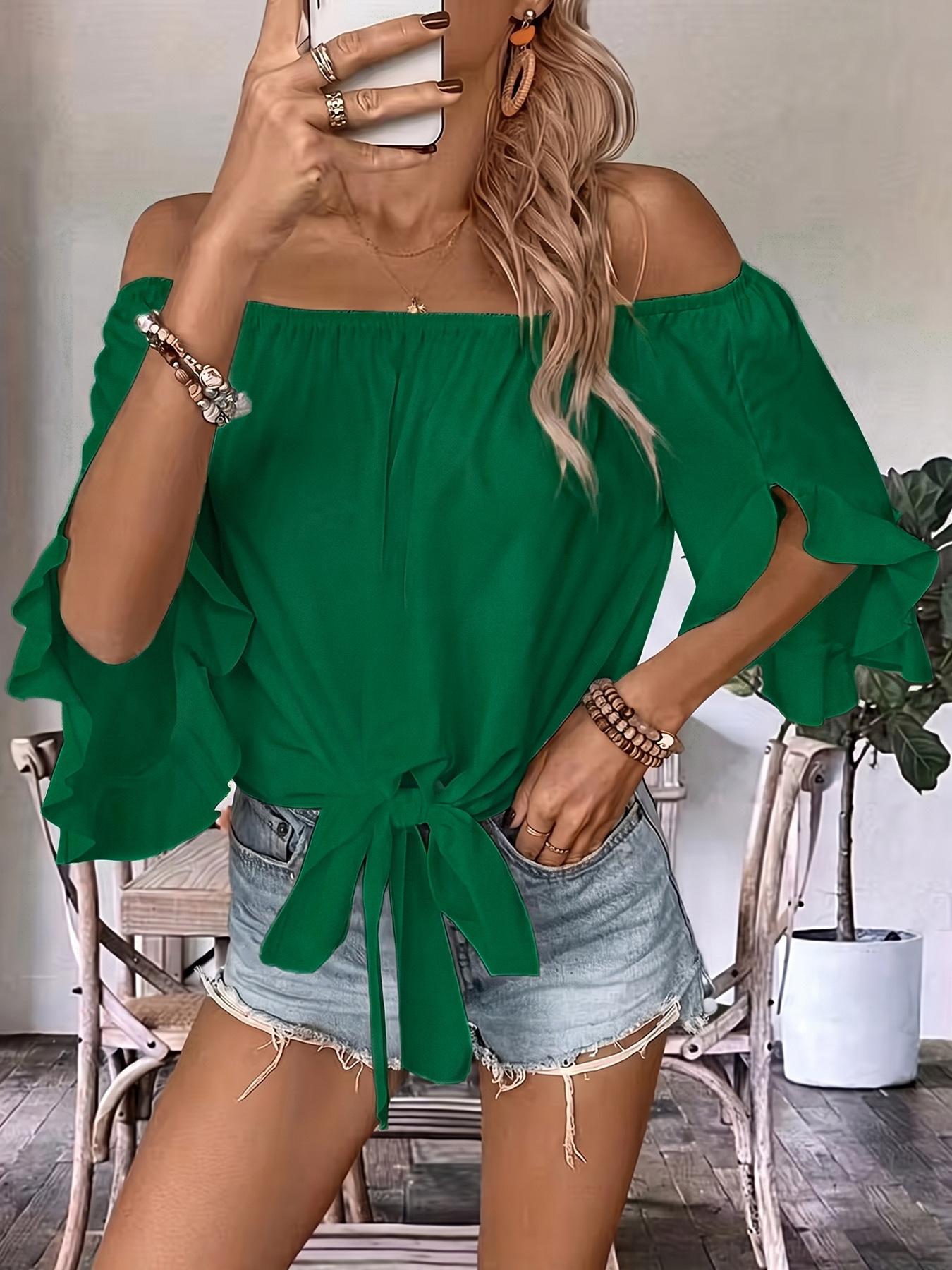 Women's Casual Off-Shoulder Ruffle Bell Sleeve Shirt Blouses, Elegant Feminine Tie Hem Loose Top, Stylish and Comfortable Daily Wear