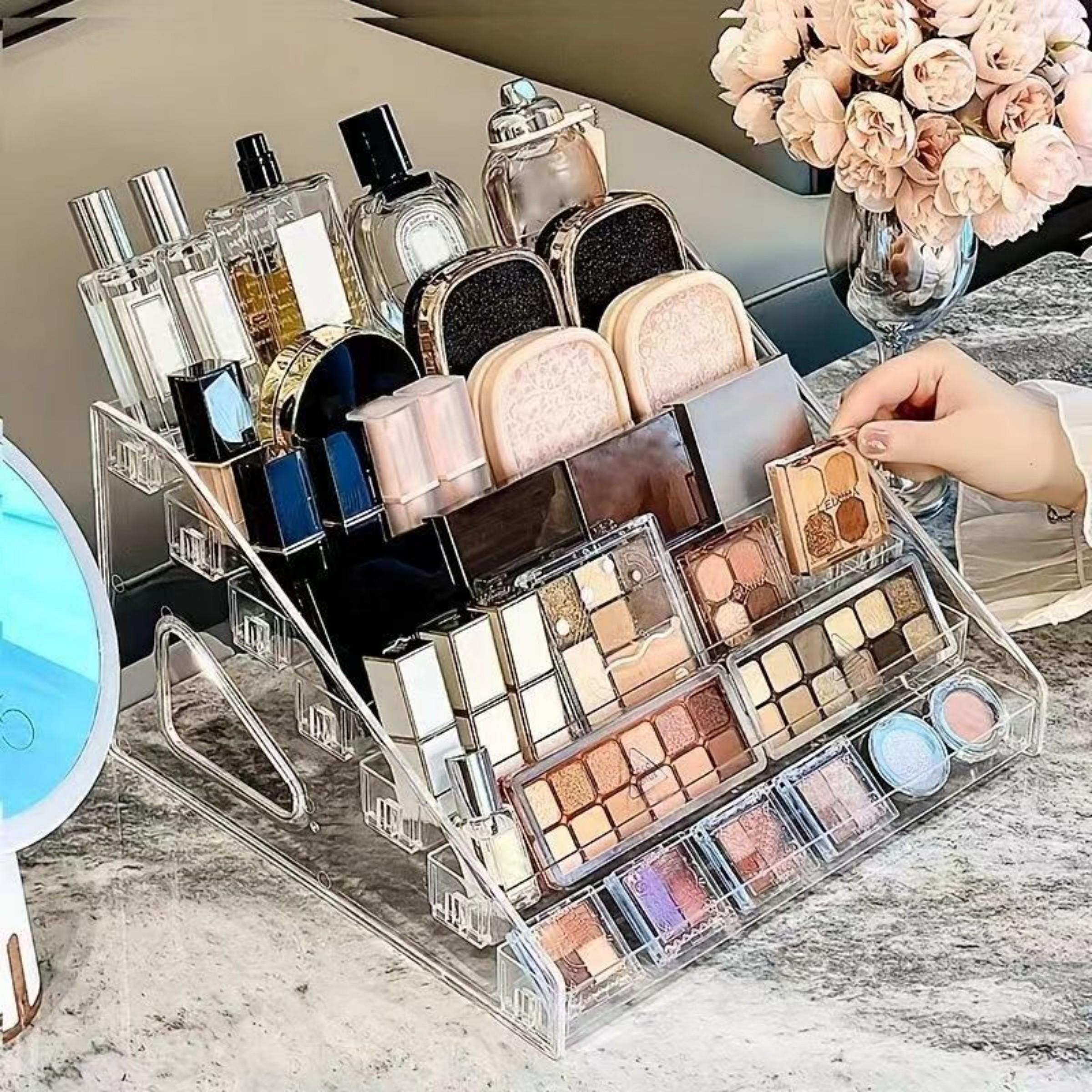 Transparent Acrylic Makeup Organizer Box, 3-Layer Stackable Cosmetic Storage Rack with Dividers, Large Capacity Vanity Display Shelf