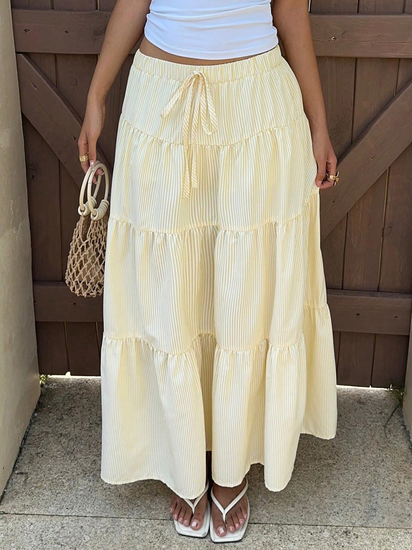 1 Piece Tie Drawstring Adjustable Elastic High Waist Tiered Multi Layer Spliced Ruffle Vertical Striped Loose Full Flowy Long Maxi Skirt, Boho Casual Fashionable Skirt