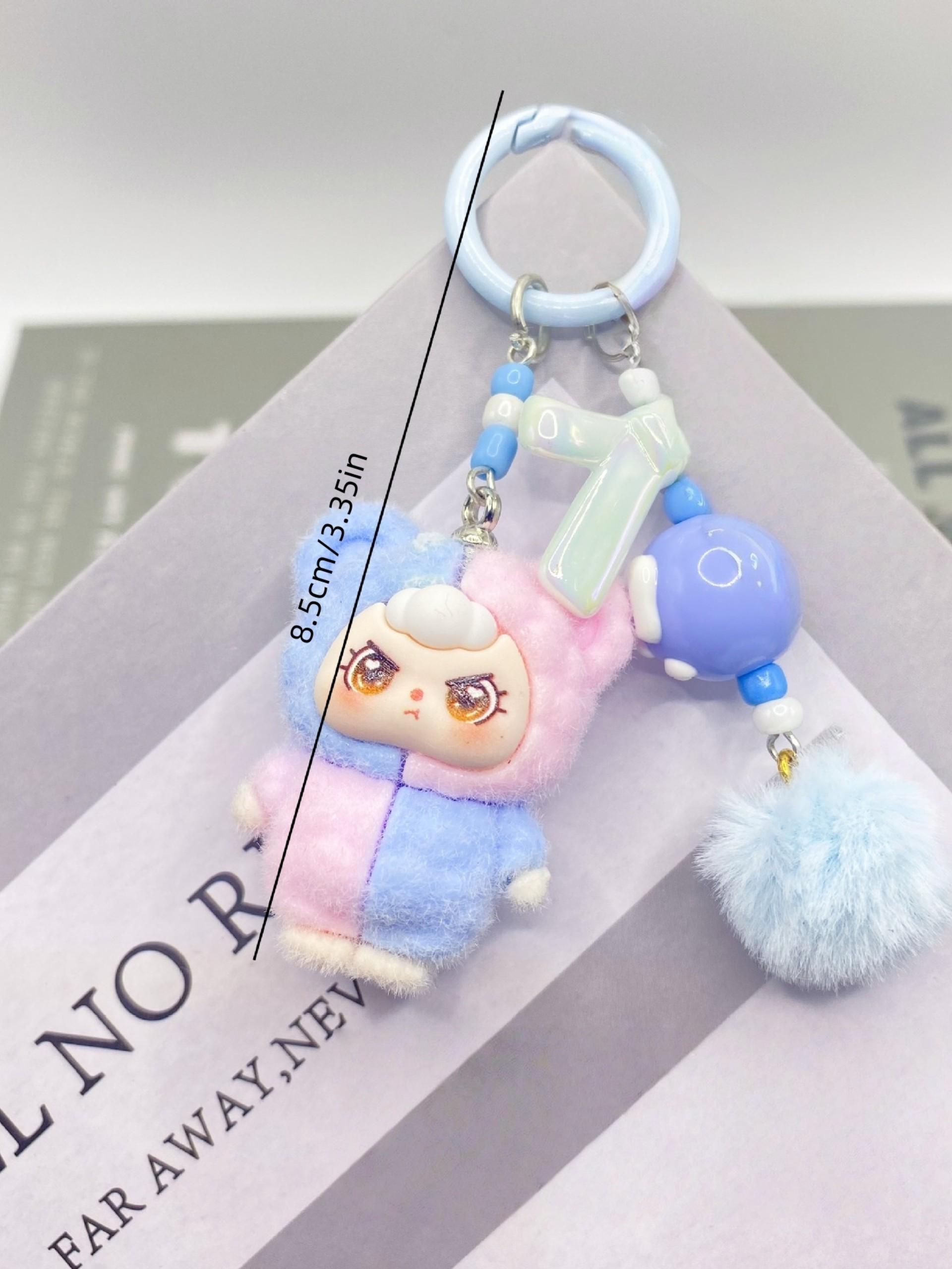 Kawaii Cute Dopamine Flocked 3-Year-Old Doll Keychain, Color Block Bow Moe Beads Bag Charm, Sweet Backpack Pendant Car Key Ornament Phone Strap, Ideal Birthday Christmas Valentine's Day Gift for Student Girls