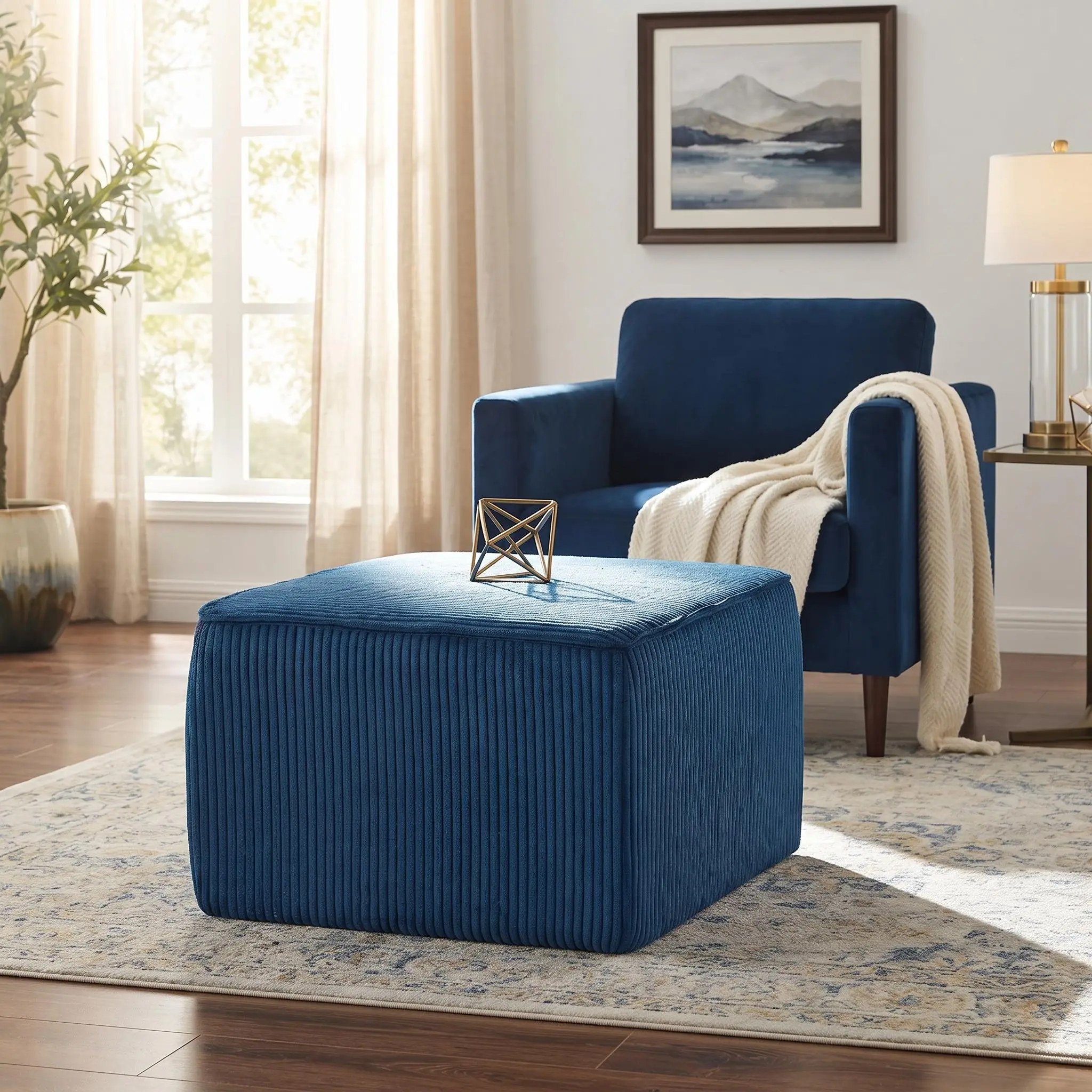 Blue Corduroy Square Ottoman, Modern Upholstered Footrest Stool with Dense Foam Padding and Plywood Frame for Living Room, 22.13 x 22.13 x 15.75 in