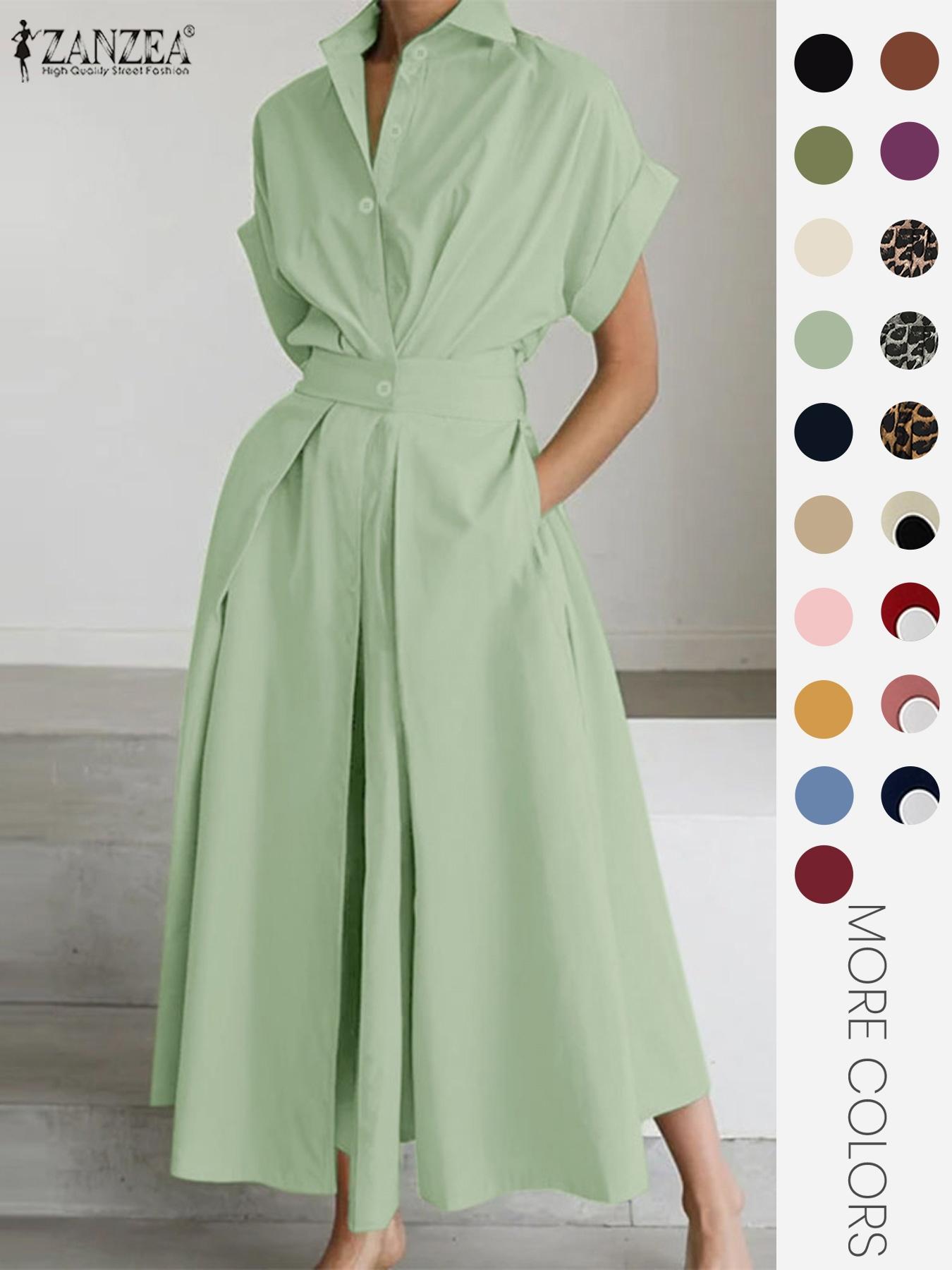 Women's Solid Color Woven Collared Shirt Dress, Basic Casual Short Sleeve Dress for Summer, Ladies Clothes for Daily Wear, Womenswear Fit, Piece