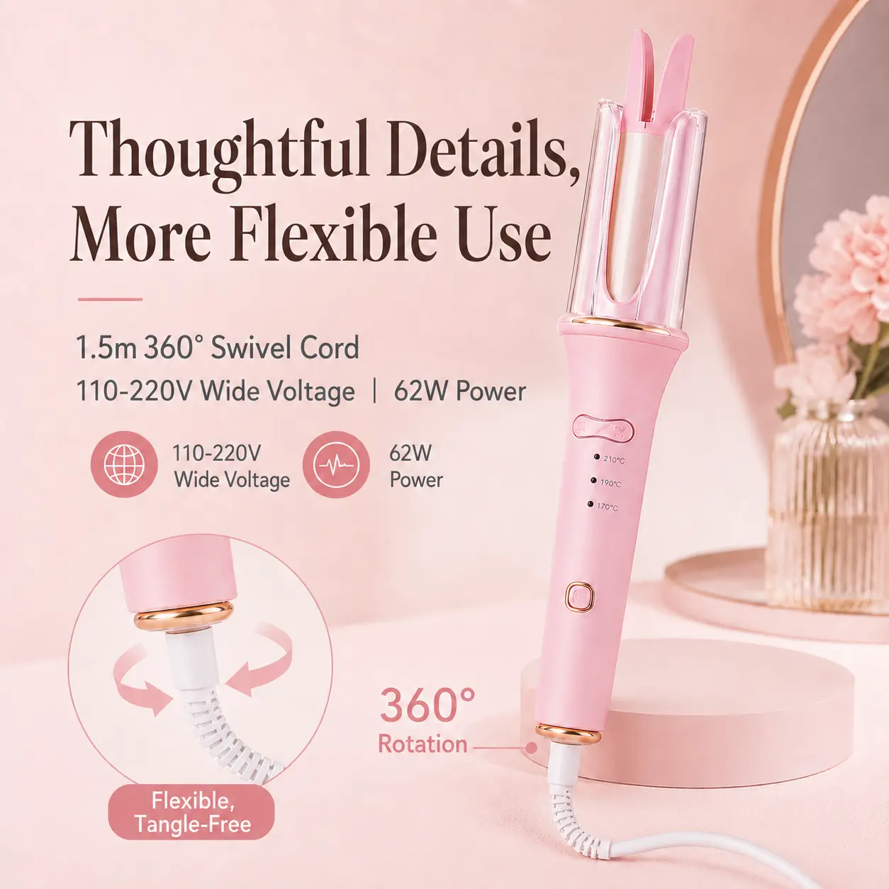 Faszin Automatic Hair Curler for Women, 25mm Auto-Rotating Curling Iron with 3 Heat Settings and Anti-Scald Design, Dual Voltage, Pink, for Quick Curls, Beach Waves, Home, Travel & Parties