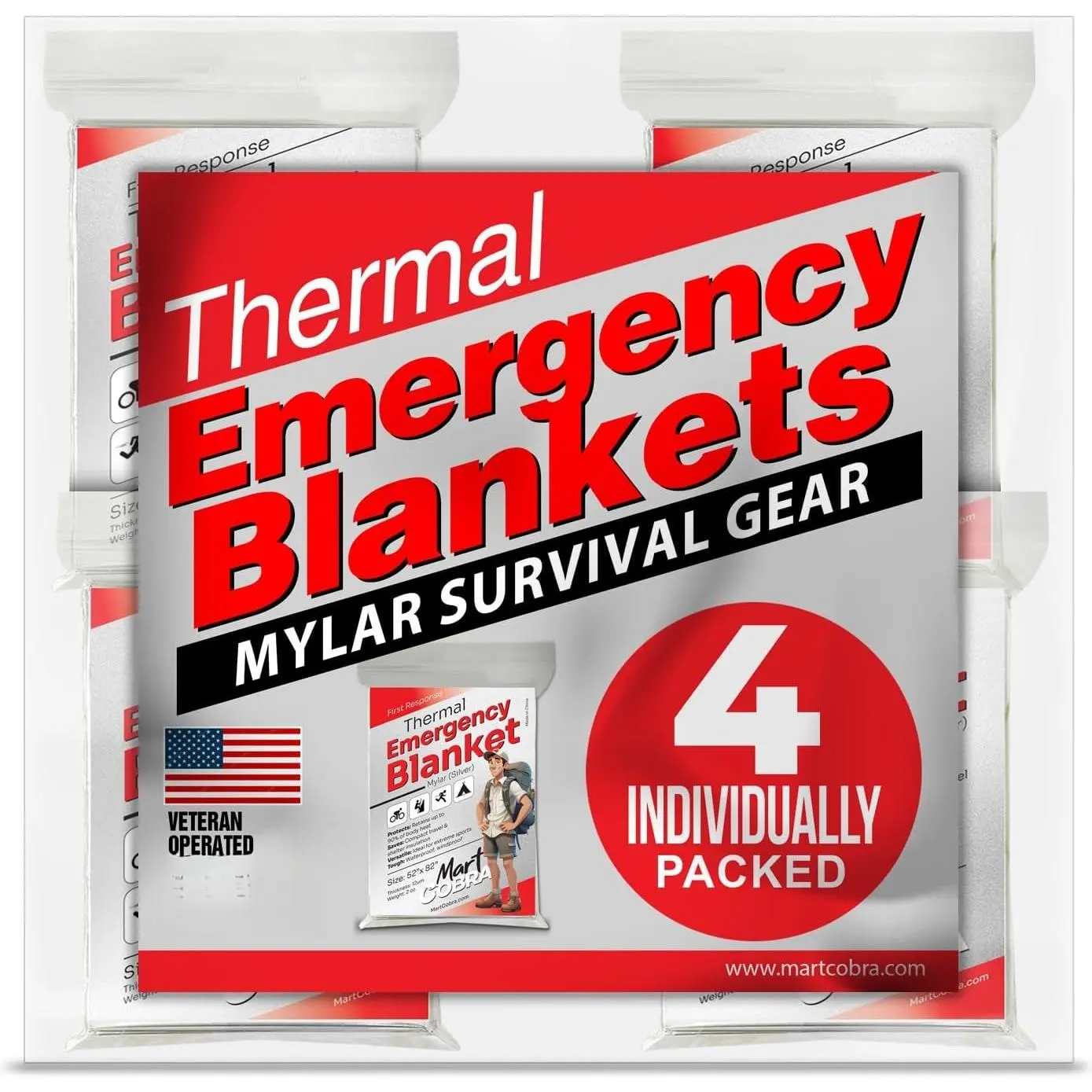 4‑Pack Mylar Thermal Emergency Space Blankets, Heat‑Reflective Foil Survival Blanket for Camping Hiking Backpacking Winter Storm Prepper