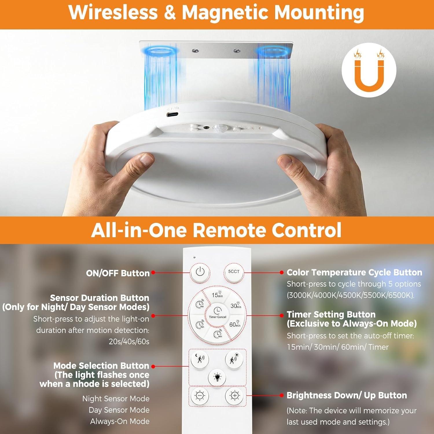 Rechargeable Motion Sensor Ceiling Light with Remote, 5 Color Magnetic ...