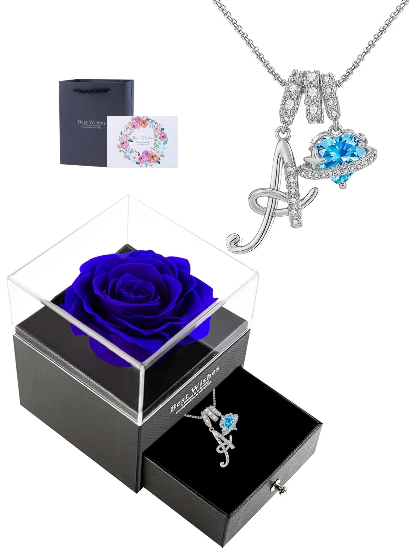 Women's Cz Birthstone Necklace with Blue Rose Jewelry Box, A-Z Letter Pendant, Casual Style Gift for Wife Girlfriend Mom Daughter, Initial Letter Necklace
