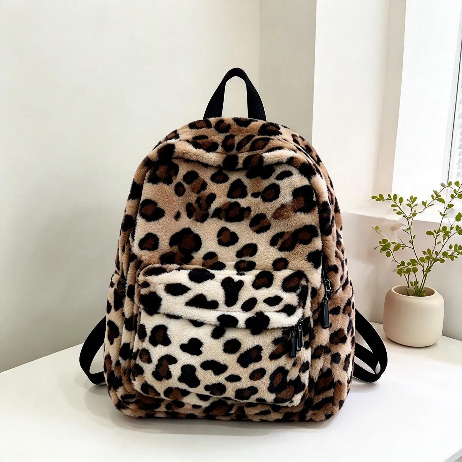 Hairy leopard print zipper backpack, large capacity animal pattern student backpack, casual street style backpack