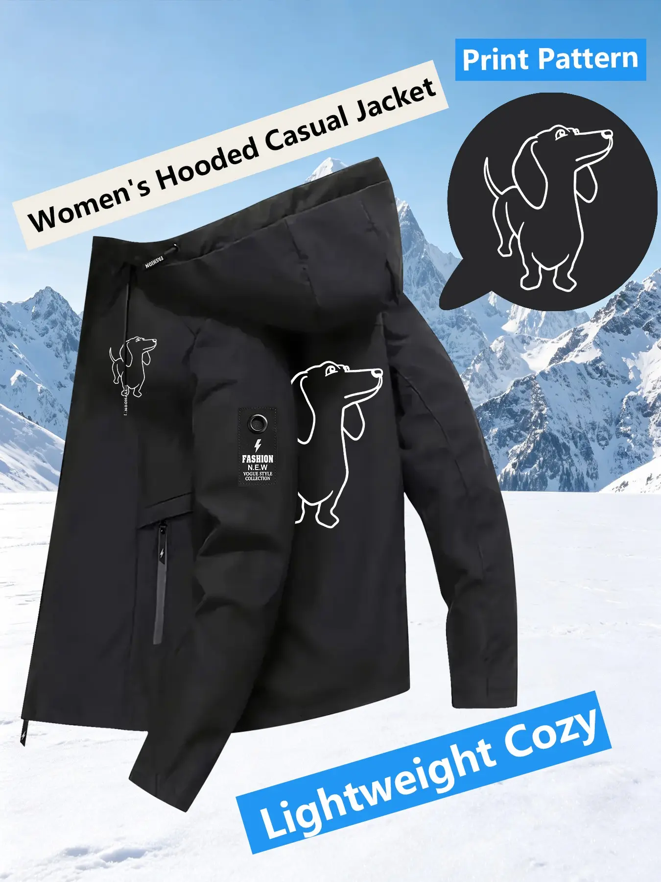 Women's Hooded Casual Jacket Loose Slim Fit Breathable Trendy Line Drawing Dachshund Print Coat Versatile Outfit For Daily Commute Outdoor Travel And Casual Outings