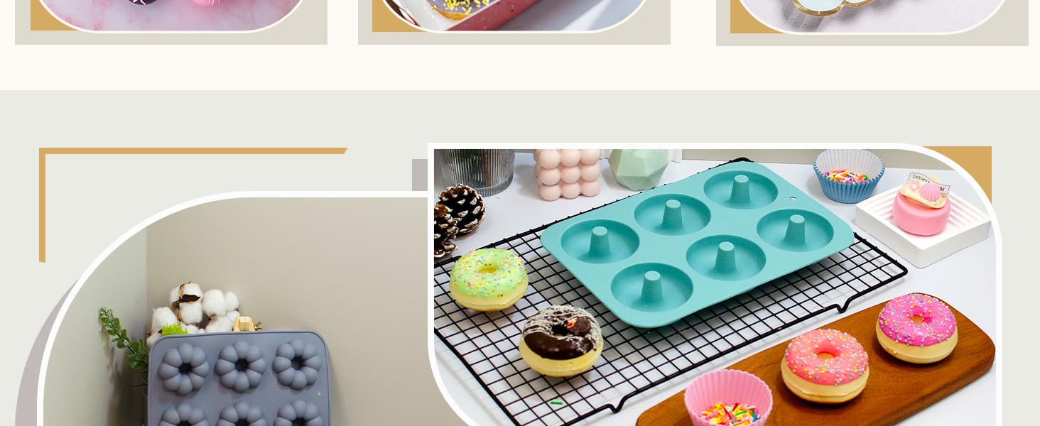 3 Pack Silicone Donut Pan for Baking, Non-Stick Doughnut Pan, 6 Cavity Heritage Bundtlette Cake Silicone Mold for Baking (Blue+Gray+Pink)