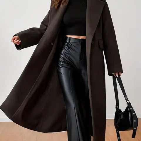 Autumn Winter Essential Coffee Color Coat, Large Lapel Loose Fit High Waist Retro Long Jacket, Stylish Outerwear for Cold Weather