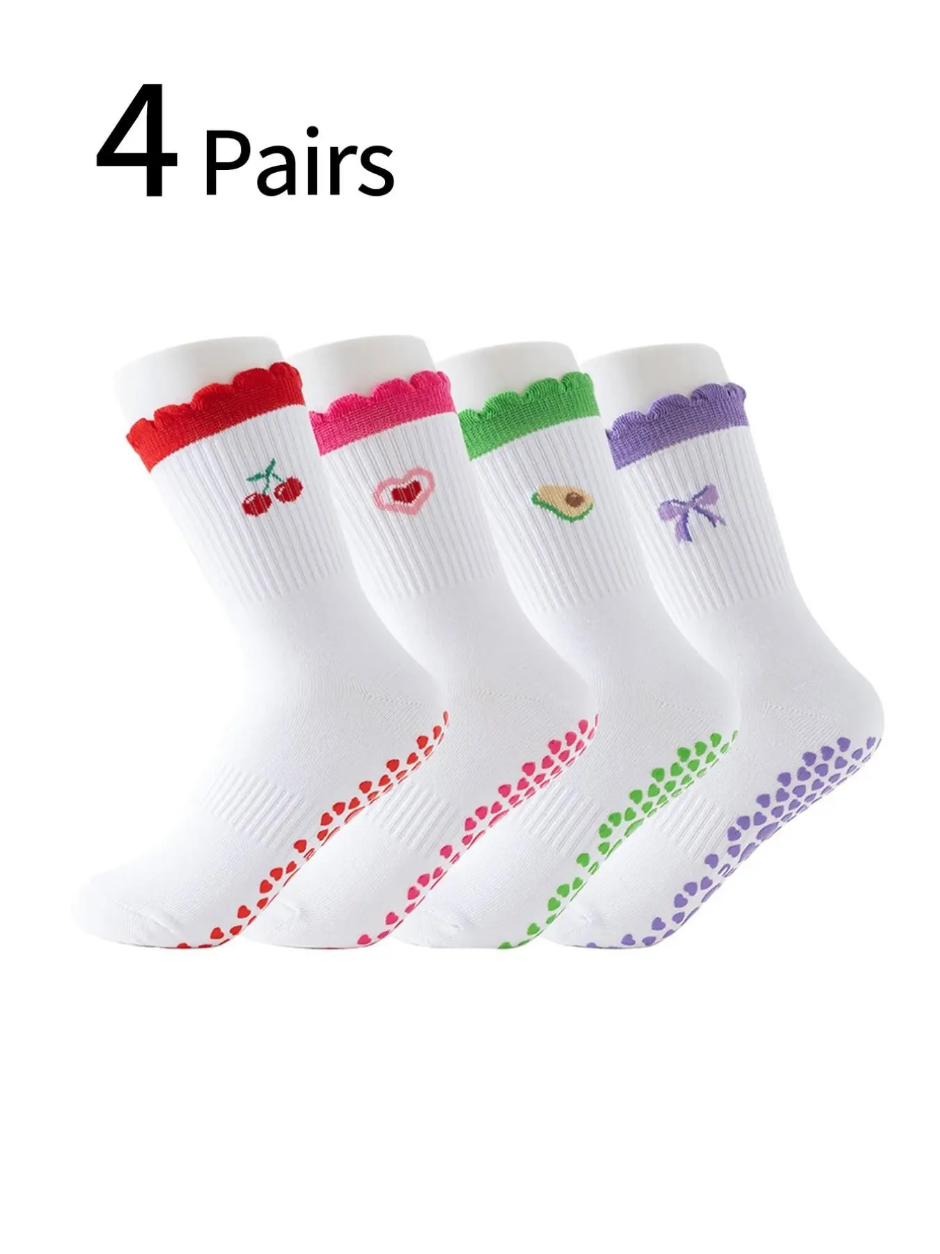4 Pairs Women's Mid-Calf Yoga Socks, Heart Avocado Cartoon Embroidery, Silicone Non-Slip Professional Sports Socks, Moisture-Wicking