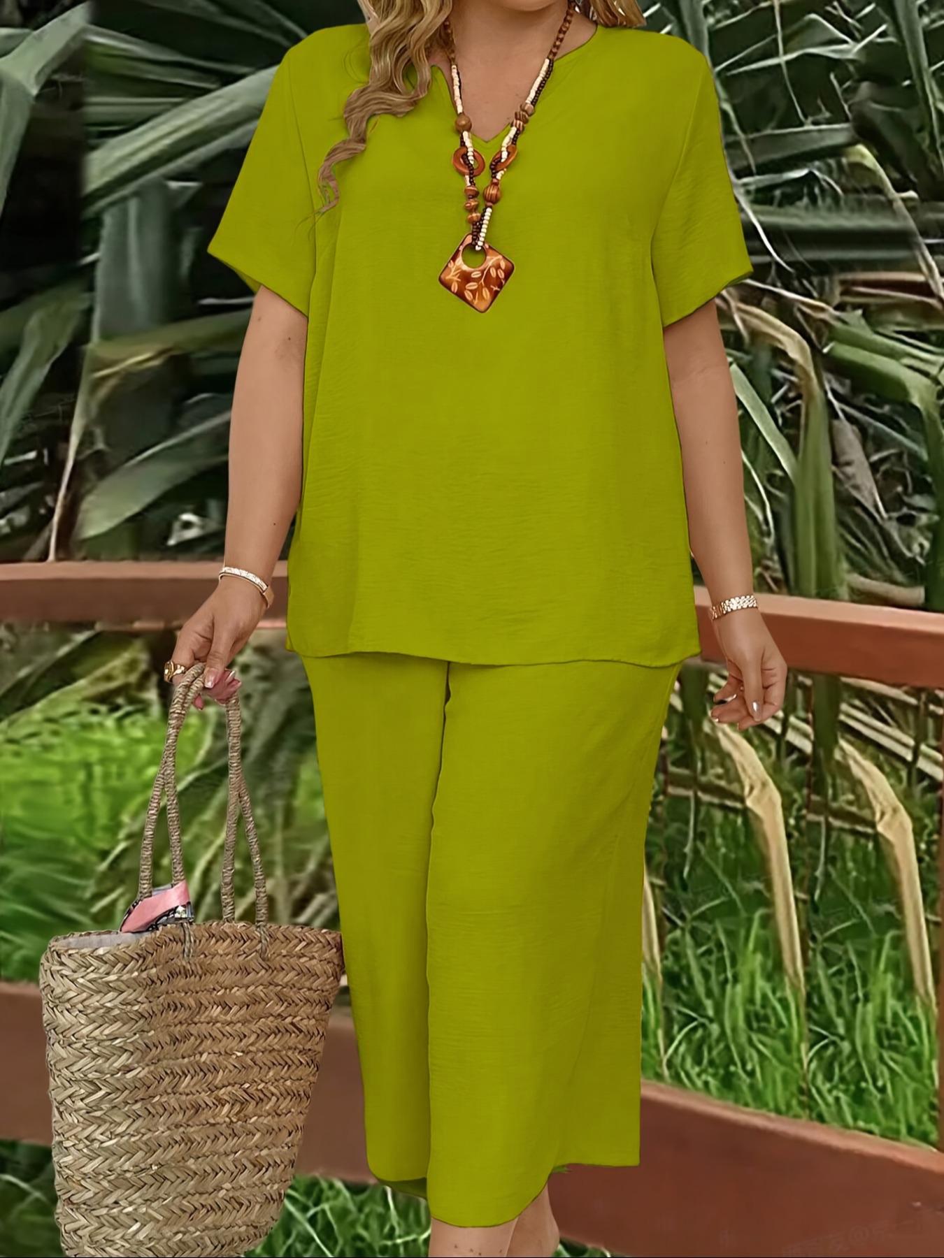 Elegant Plus Size Women's Solid Color Short Sleeve Fashion Top & Casual Wide Leg Pants Set, Summer, Comfortable & Stylish Elegant Plus Size Women's Solid Color Short Sleeve Fashion Top & Casual Wide Leg Pants Set, Summer, Comfortable & Stylish