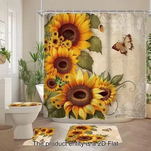 1/4pcs Retro Sunflower Theme Shower Curtain Set, includes non-slip mat, U-shaped rug, and toilet seat cover, perfect for bathroom decoration, comes with 12/24 shower curtain hooks, Bathroom Decoration Accessories, Bathroom Supplies, Bathroom Accessory