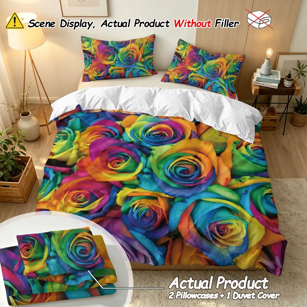 3 Pieces Rainbow Rose Pattern Decorative Bedding Set, Floral Bedding Set, Theme Bedding Set, Tie-dye Flower Duvet Cover with 2 Pillowcases Without Filling, available in all seasons, can be used as a gift, Duvet Cover Sets
