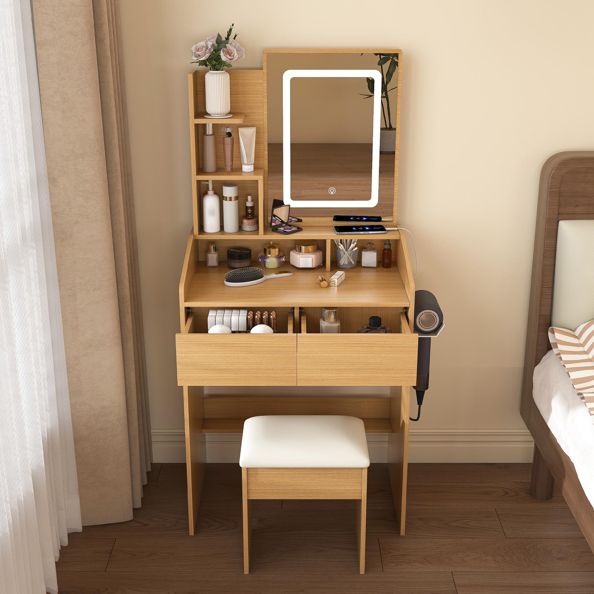 Small Vanity Desk with Mirror and Lights, Makeup Vanity Table with Power Outlet & 2 Drawers & 4 Shelves & Stool,Dressing Table Set for Bedroom, 3 Color Mode, Wood Small Vanity Desk with Mirror and Lights, Makeup Vanity Table with Power Outlet & 2 Drawers & 4 Shelves & Stool,Dressing Table Set for Bedroom, 3 Color Mode, Wood