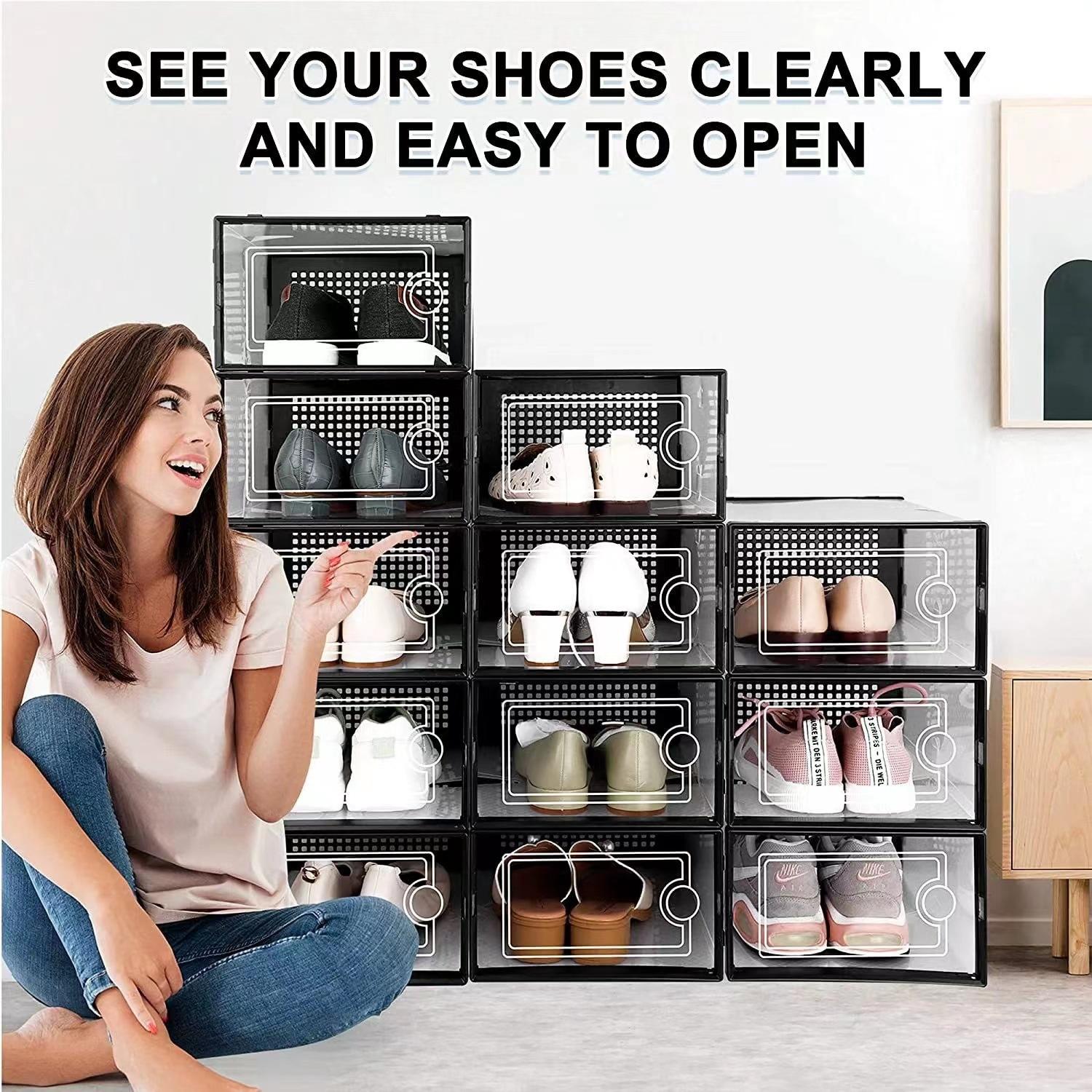 Shoe storage boxes, Shoe organizer, 6-piece sets, made of thick transparent material with lids, foldable and stackable containers allow for flexible arrangement, ideal for organizing sneakers and saving space in entryway