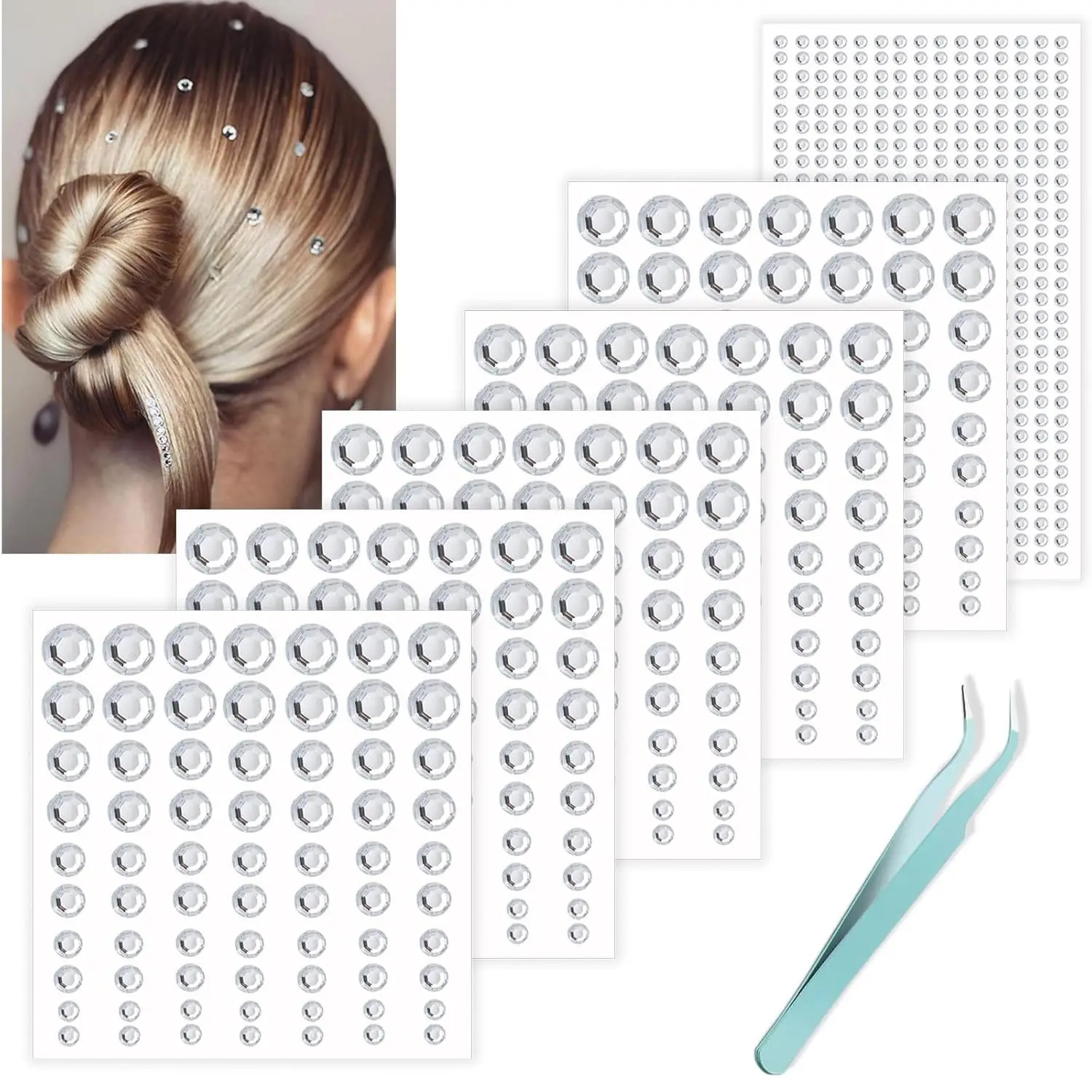 Hair Jewels, Clear Self Adhesive Hair Gems Prom Hair Accessories, Face Jewels Stickers for Makeup, Hair Diamonds,Hair Pearls Stick On,Bling Stickers Rhinestone for Crafts,Face,Makeup