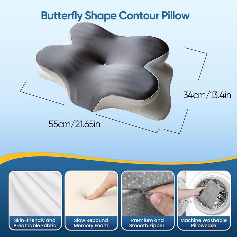 Gray butterfly-shaped neck pillow, ergonomic memory foam pillow, breathable and washable silk pillowcase, suitable for side, back and stomach sleepers, with a storage bag for easy portability, perfect for camping, travel, RV and dorm rooms