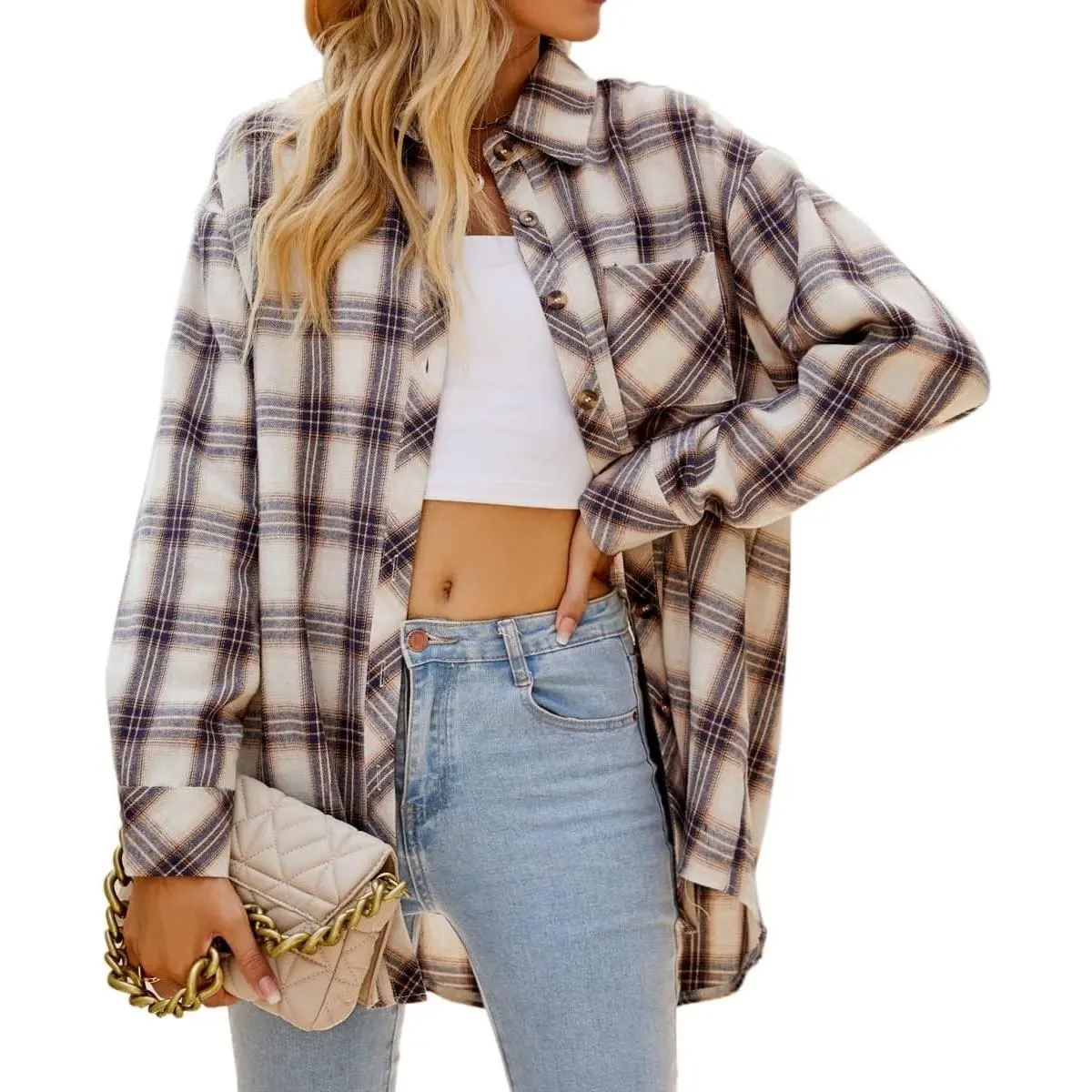 Women's Long Sleeve Button Down Plaid Flannel Shacket Business Casual Blouse TopGift
