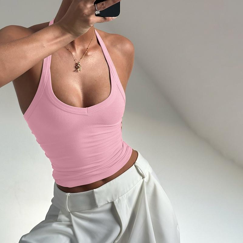 Women's Solid Ribbed Halter Neck Tank Top, Active Top, Casual Sleeveless Top for Daily Wear, Ladies Clothes for All Seasons