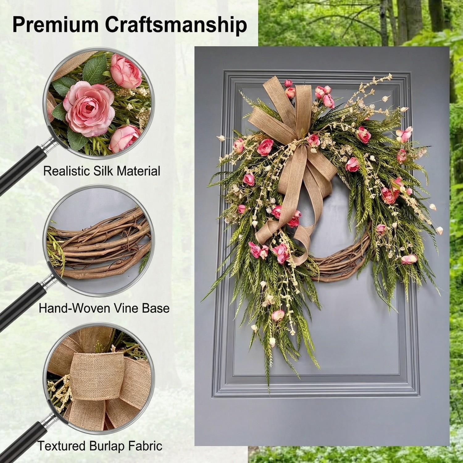 Rustic Spring Summer Wreath, Rose Artificial Decorative Wreath, 40cm/45cm/50cm Floral Door Hanging, Perfect for Weddings and Home Décor