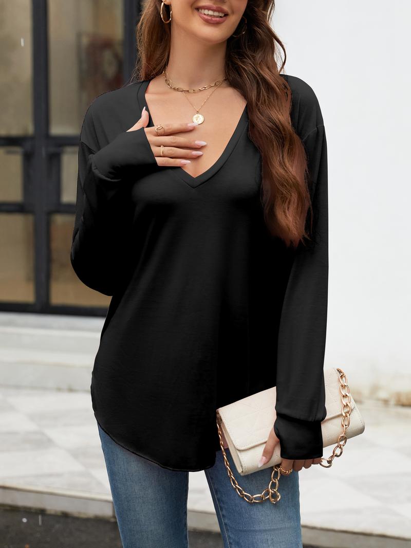 Aswulk Womens Deep V Neck Tunic Tops Long Sleeve Oversized Casual Loose Fit Curved Hem T Shirts
