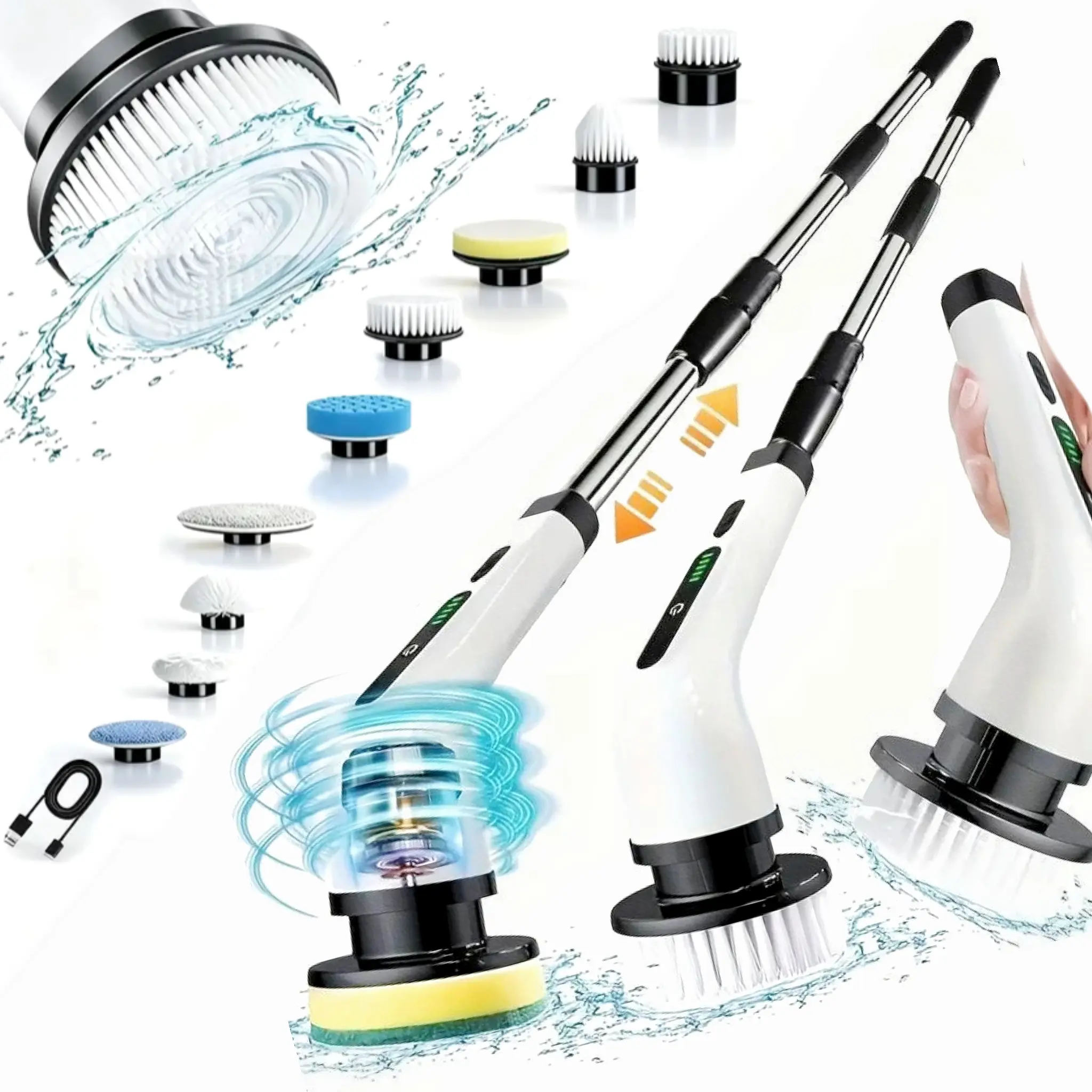 Cordless Electric Spin Scrubber - Wireless Handheld Cleaning Brush with 9 Replaceable Heads, Stainless Steel Extendable Rod, Dual Speed, LED Display, Compact Plastic Rectangular Design for Bathroom, Kitchen Cleaning Supplies