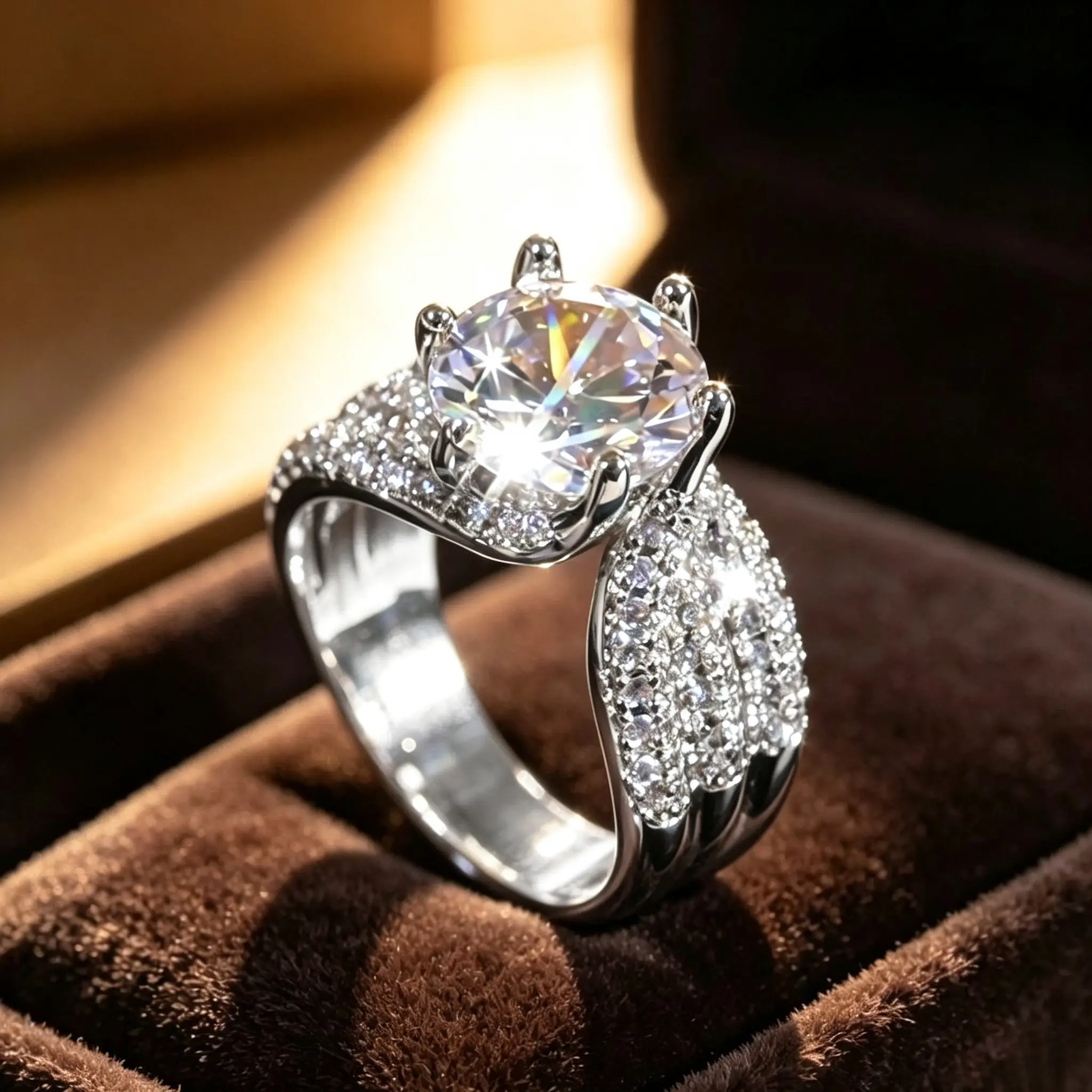 Women's Round Brilliant 6-Prong Solitaire Engagement Promise Ring - Multi-Row Pave-Set Split Shank, High Setting Sparkling Round Cut Ring, Jewelry for Women for Valentine Date Night & Romantic Proposal