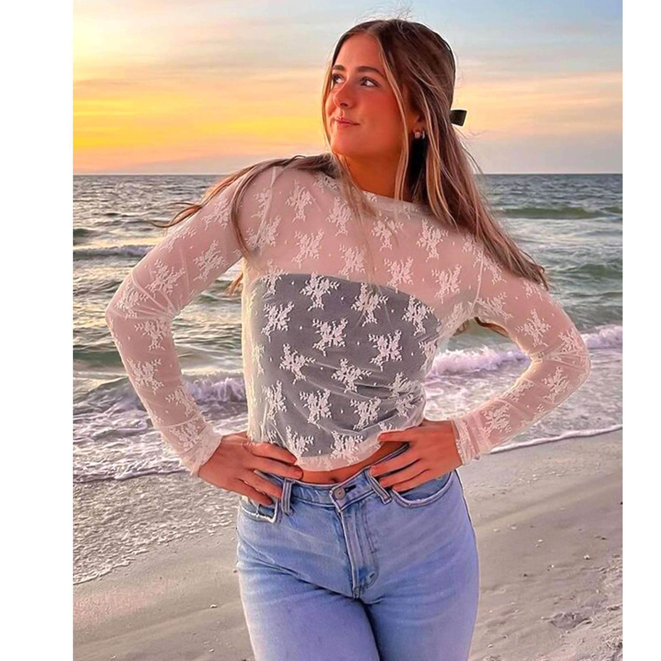 Buenoble Womens Mesh Long Sleeve Tops Crew Neck Sexy See Through Lace Sheer Floral Blouse for Party Club Night Out SpringStatements