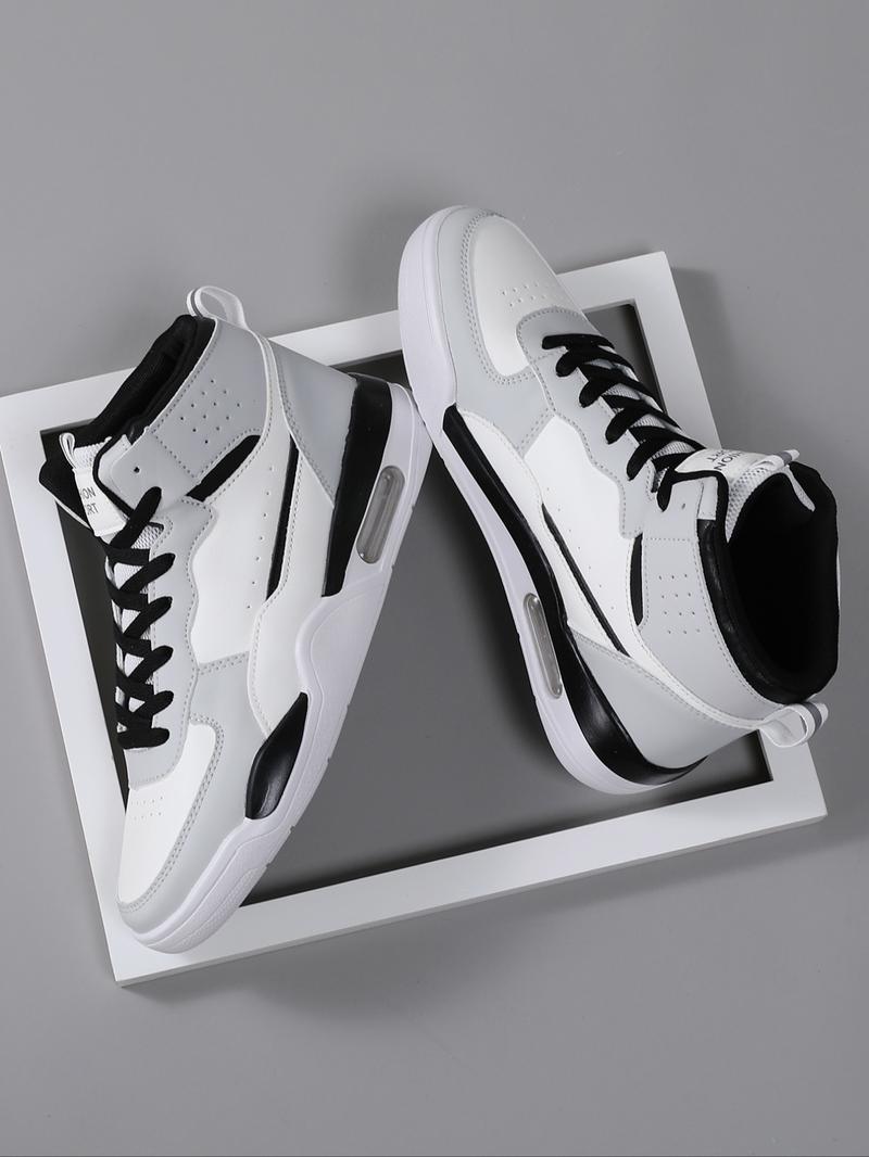 High Top Men's Stylish Basketball Shoes, Casual, Comfortable Breathable Lace-Up, Air Cushion Sole, Patchwork Design, PU Leather, All Seasons