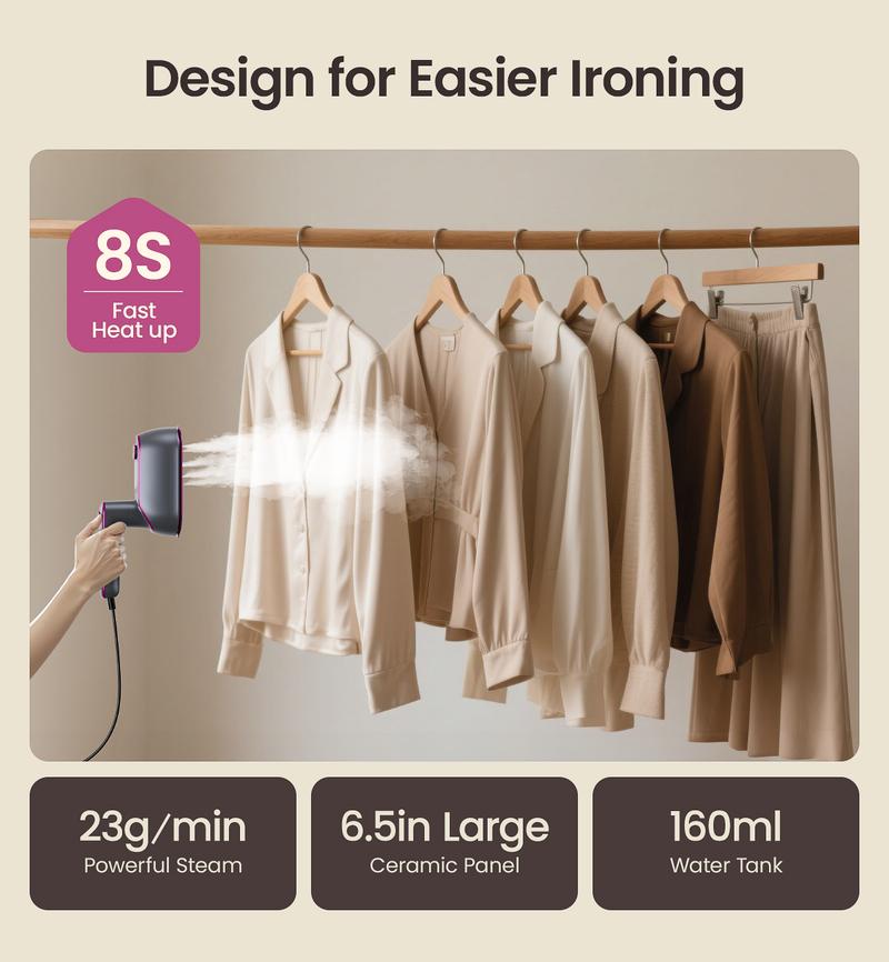 Jack&Rose Newest 2-in-1 Steam Iron & Clothes Steamer - Handheld Portable Garment Wrinkle Remover, Fast Heat-Up, Large Soleplate, 150ml Water Tank - Lightweight for Home, Travel, and Office Use