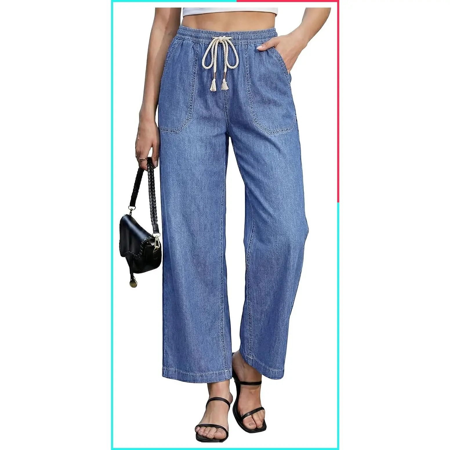 Wide Leg Jeans for Women Trendy High Waisted Pull On Elastic Waist Drawstring Ankle Length Denim Trouser Pants
