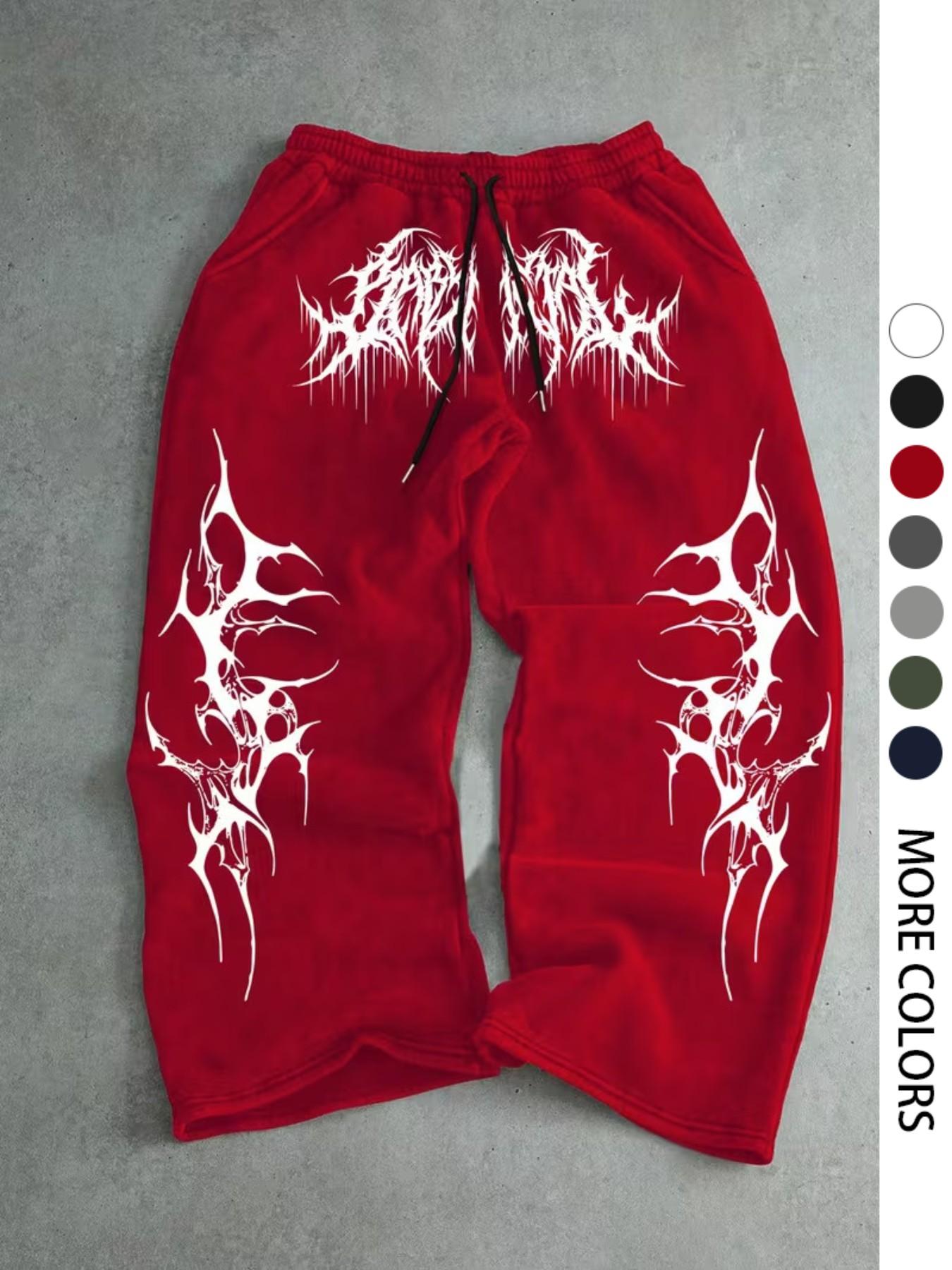 Men's Casual Sport Pants, Fringe Thorn Pattern Print Sweatpants, Drawstring Wide Leg Leisure Long Pants, Suitable for All Seasons