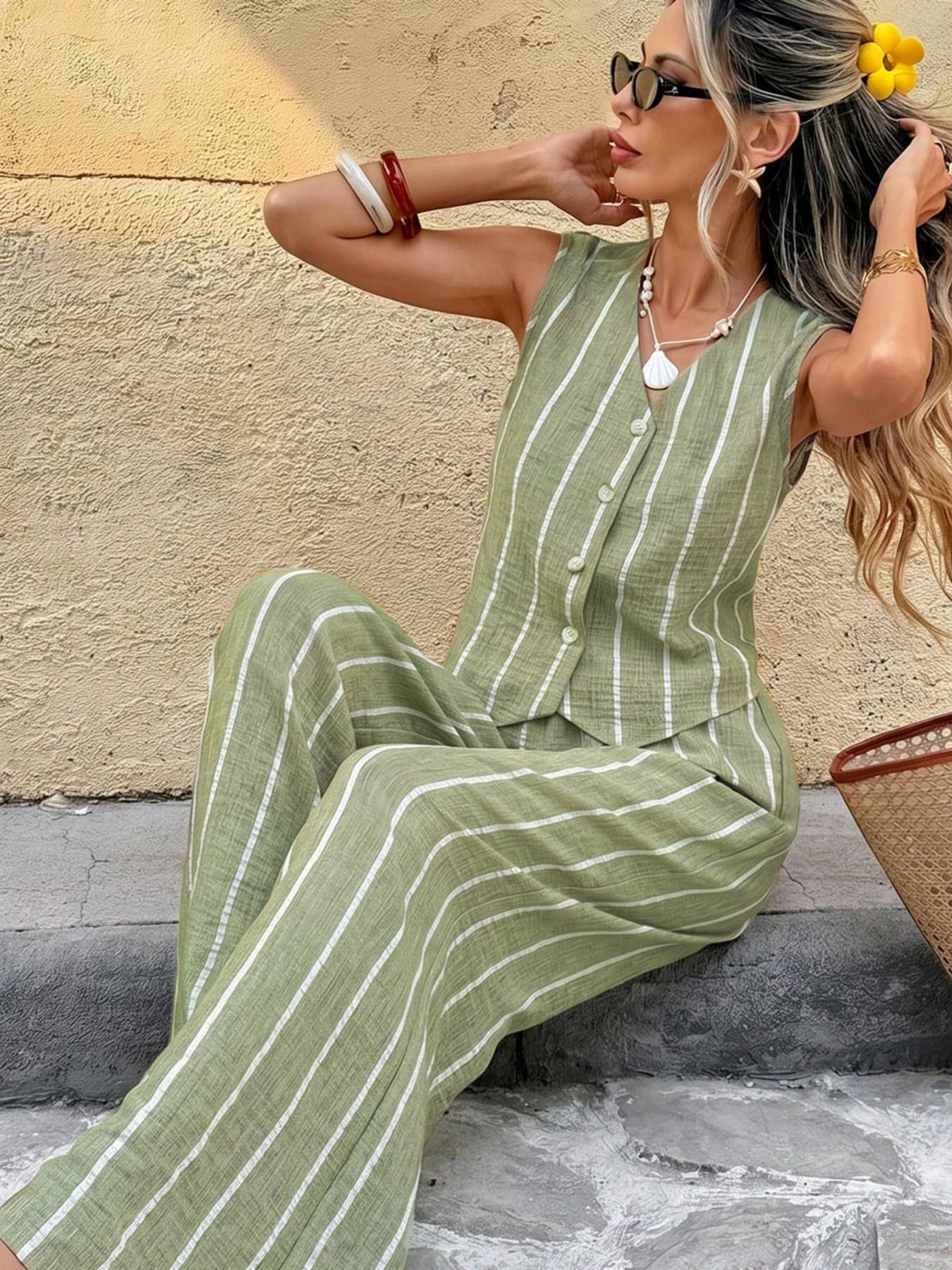 Two-Piece Set | Striped Vest and Wide-Leg Pants | Vintage Casual Chic Vibe | Wrinkle-Resistant No Iron | Comfortable and Stylish Outfit