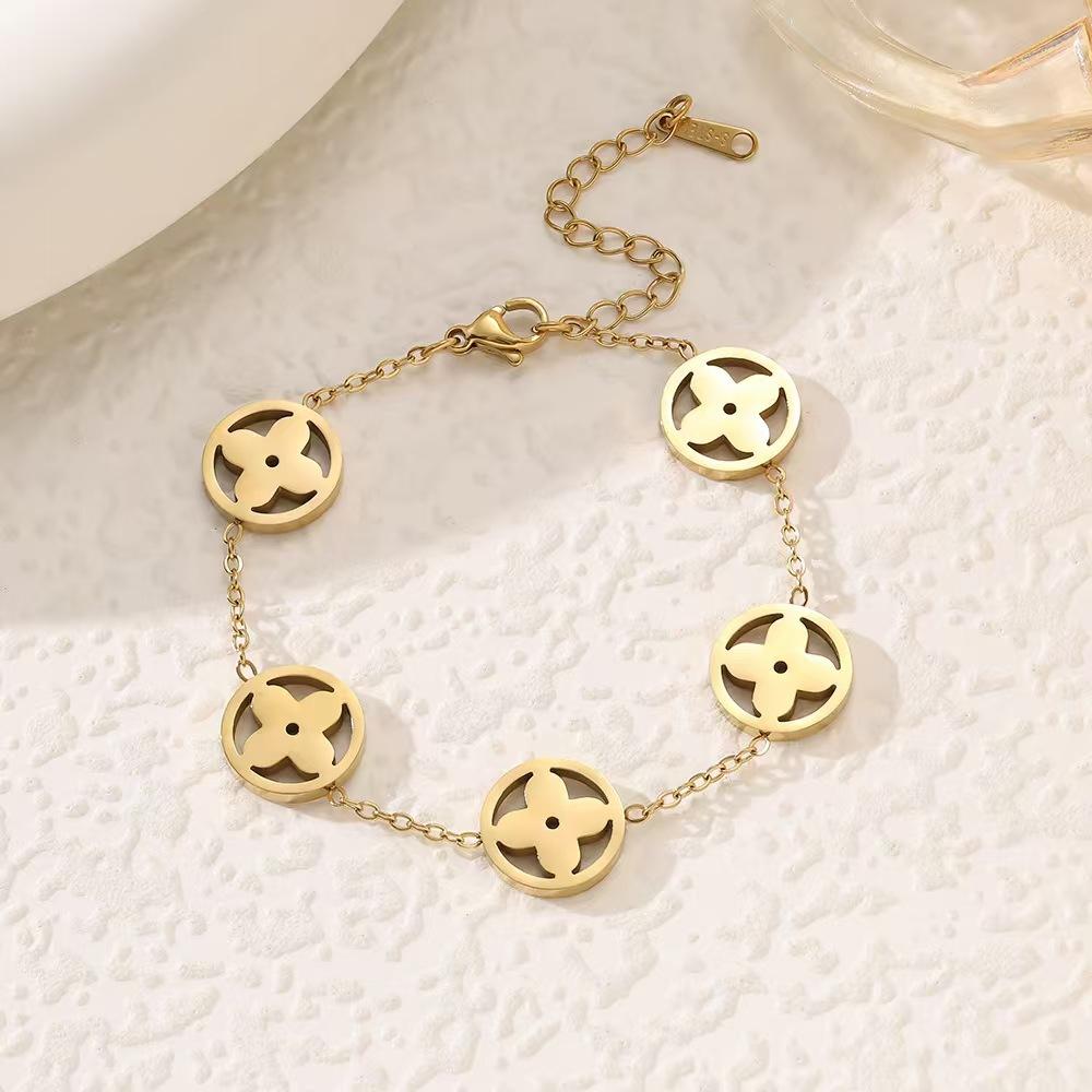 Gold Tone Clover Charm Bracelet & Bangle Set for Women, Dainty Flower Link Bracelet with CZ Bangle, Elegant Everyday Jewelry