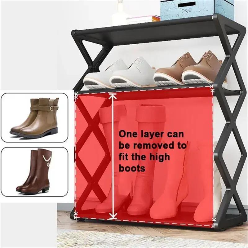 4-Tier Self-Assembly Shoe Rack, Adjustable Multi-Purpose Storage Shelf for Shoes Plants Books, Room Organizer Metal X-Shaped Stand, Shoe Organization Rack
