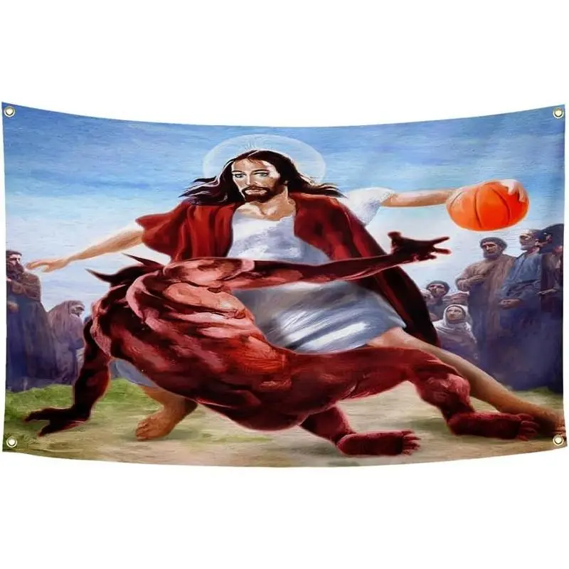 Jesus In Basketball Tapestry Flag (3x5ft,Heavy Duty,150D Polyester) College Dorm Room Man Cave Frat Wall Outdoor Poster, Large Decor Colorful