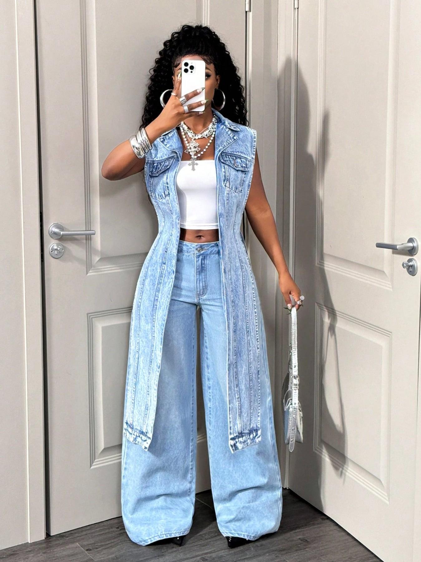 Women's Sleeveless Denim Jacket Jean Vest, Spring & Fall Fashion, Casual Style, Solid Pattern, Trendy Lapel Design, Daily Wear Outerwear