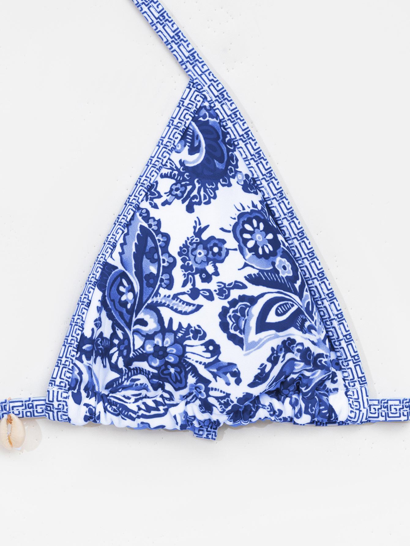 Women's Blue Paisley 3-Piece Swimsuit Set with Cover Up - Halter Bikini & Maxi Beach Cover Up for Summer Vacation,#ResortWear & Poolside Outfits,Floral triangle cup camisole dress, bikini three-piece swimsuit